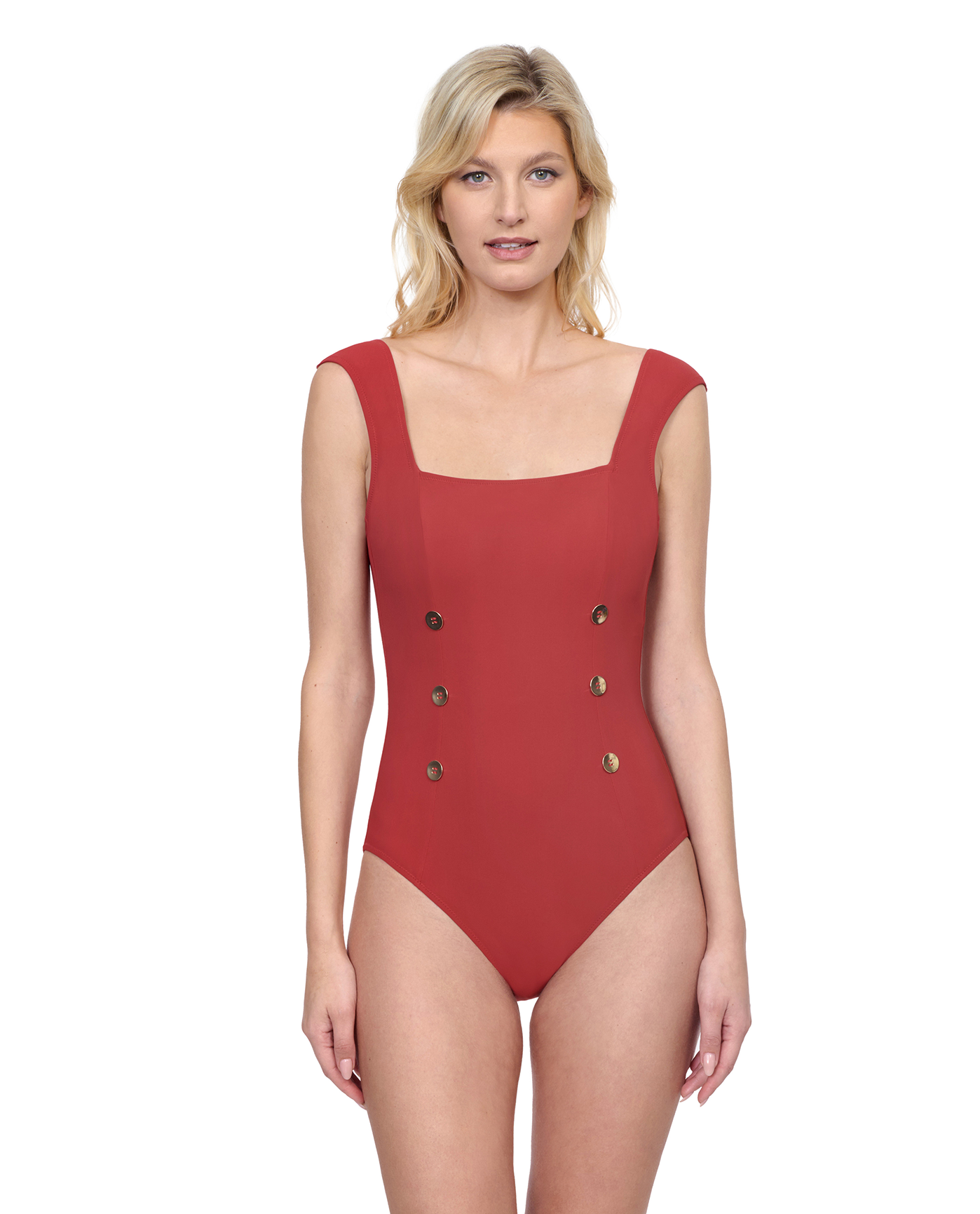 Gottex Montecarlo Cap Sleeves Square with buttons details Neck One Piece Swimsuit | Gottex Montecarlo Paprika