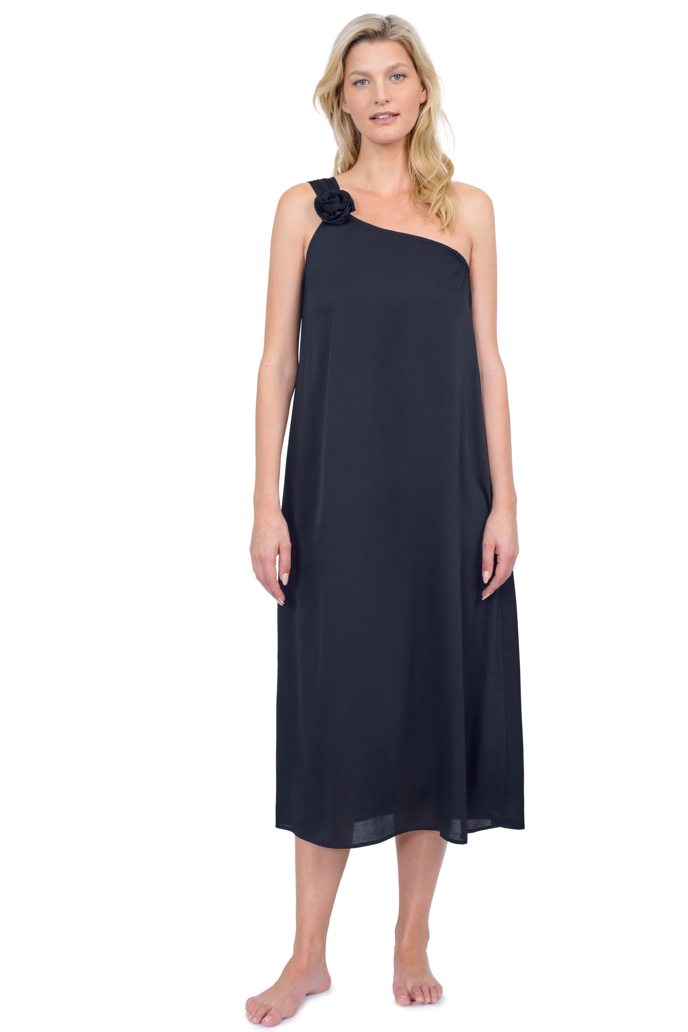 Rose Bud One Shoulder Sarong Dress Cover Up - Black