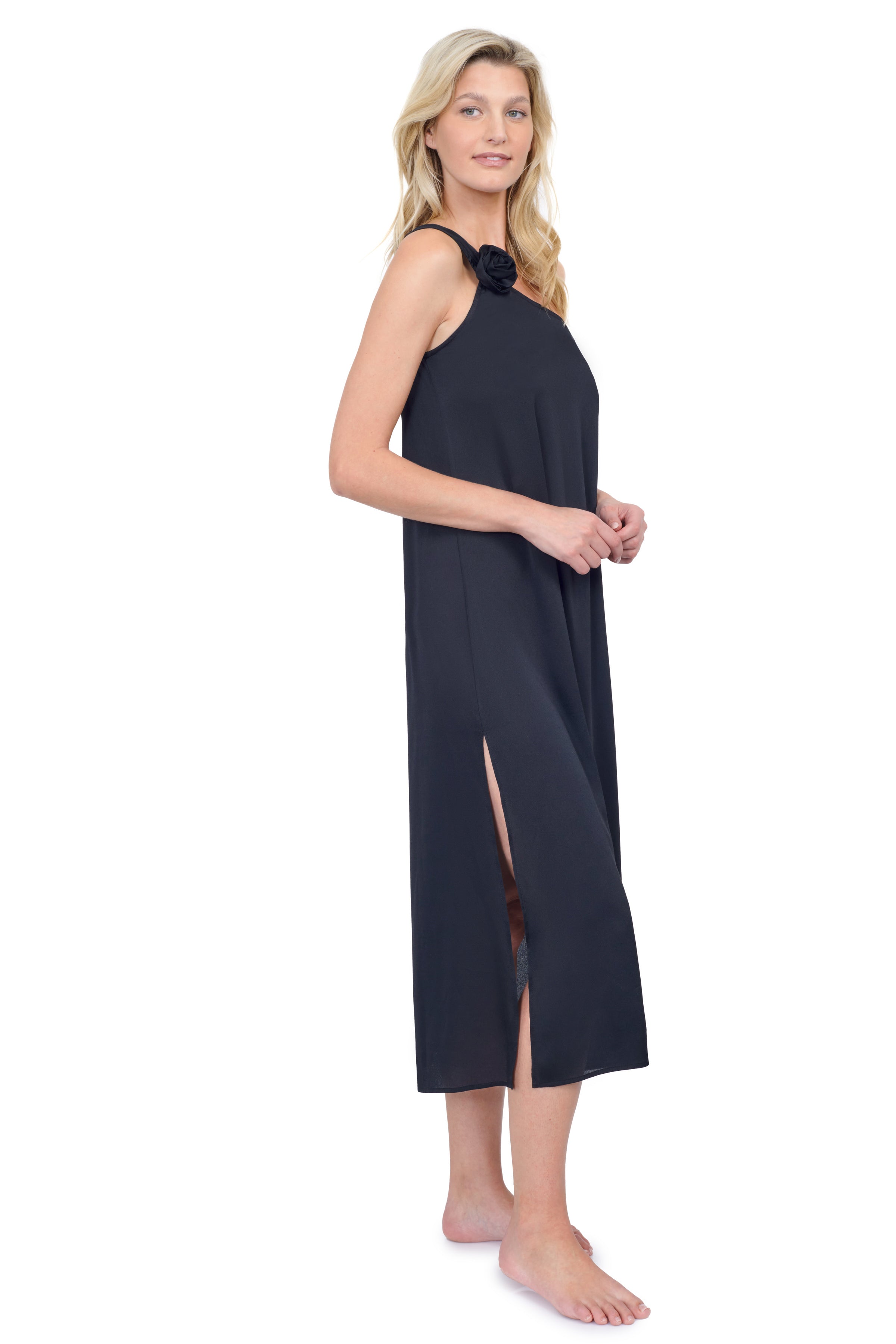 Rose Bud One Shoulder Sarong Dress Cover Up - Black