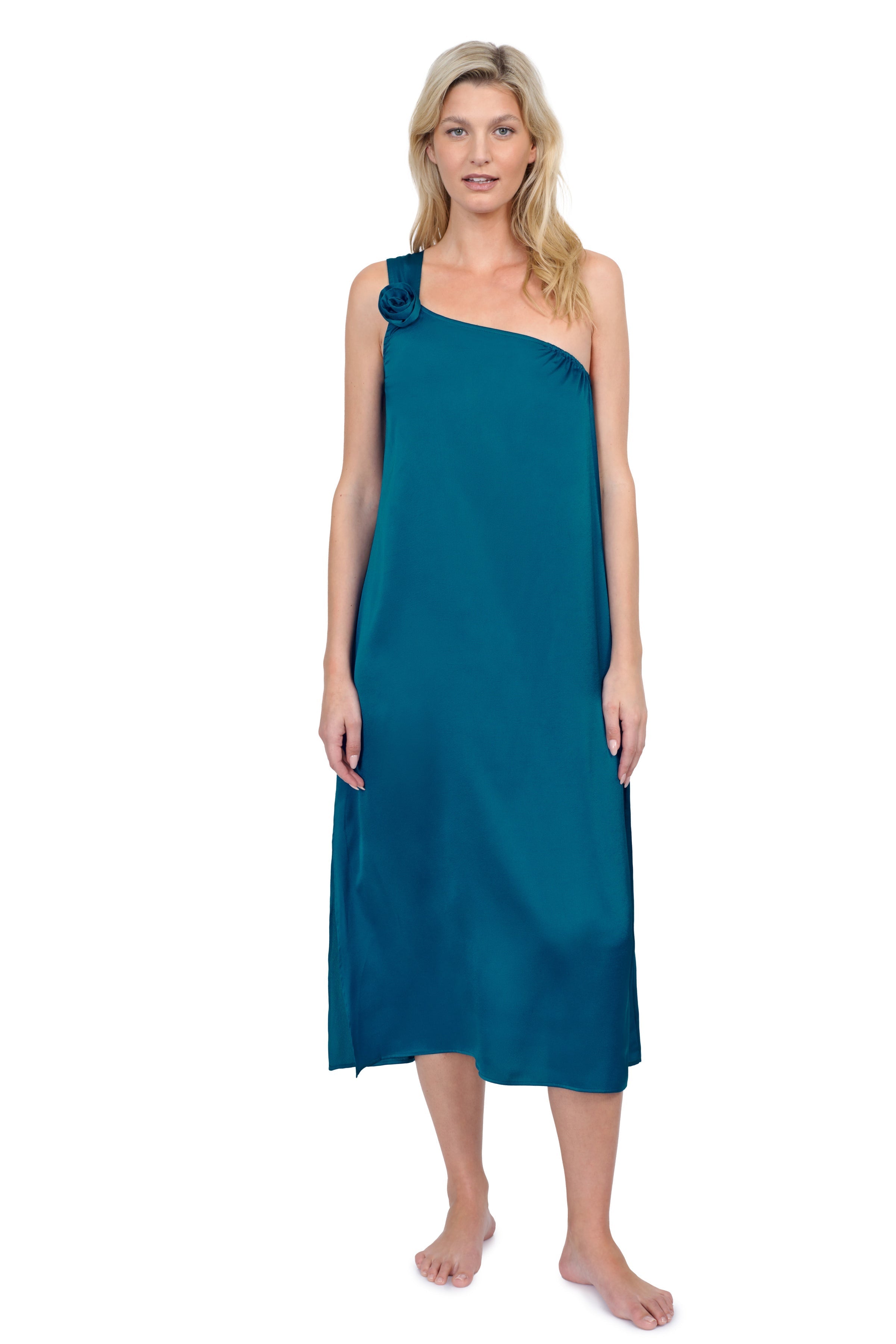 Rose Bud One Shoulder Sarong Dress Cover Up - Teal