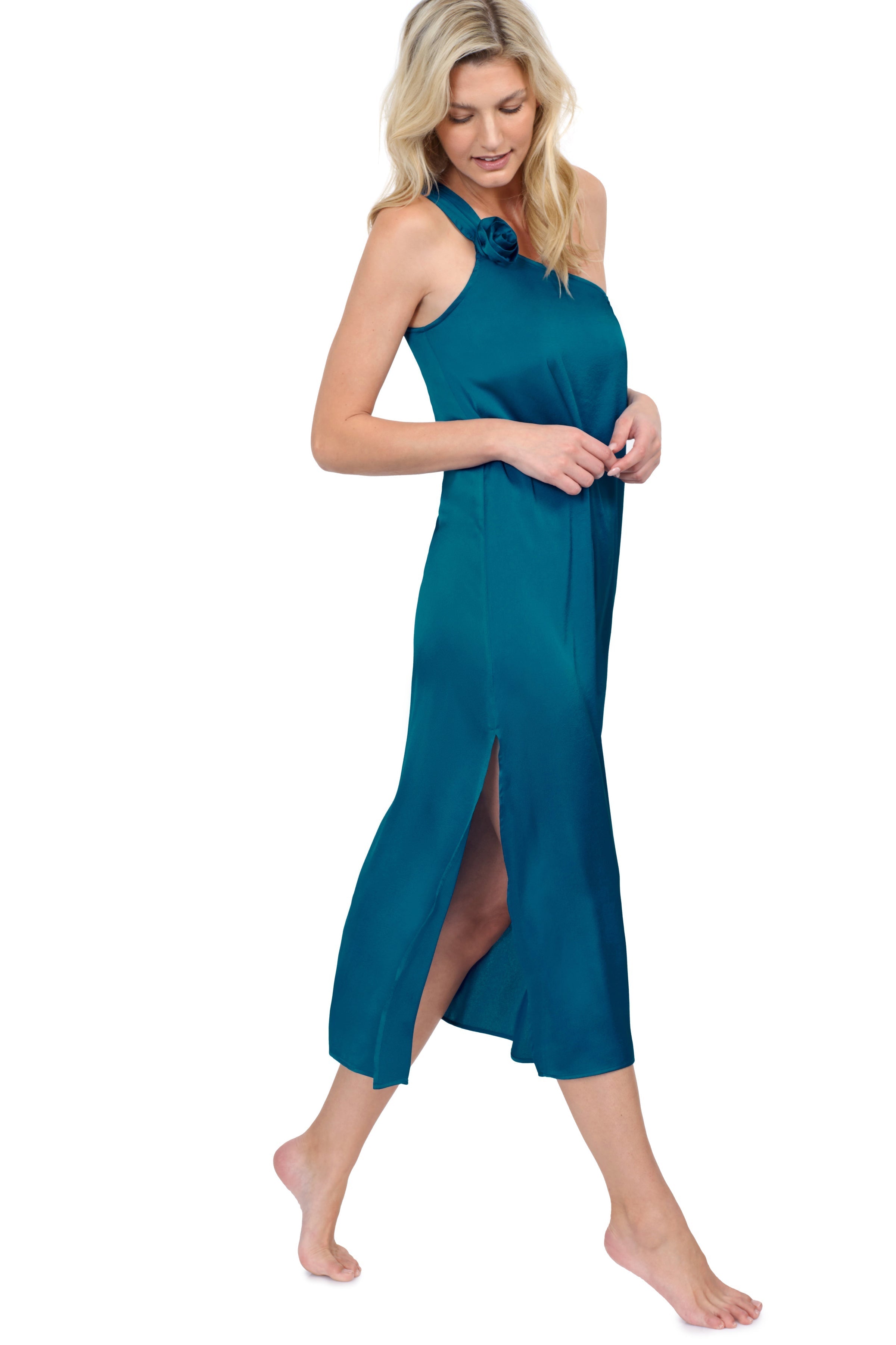 Rose Bud One Shoulder Sarong Dress Cover Up - Teal