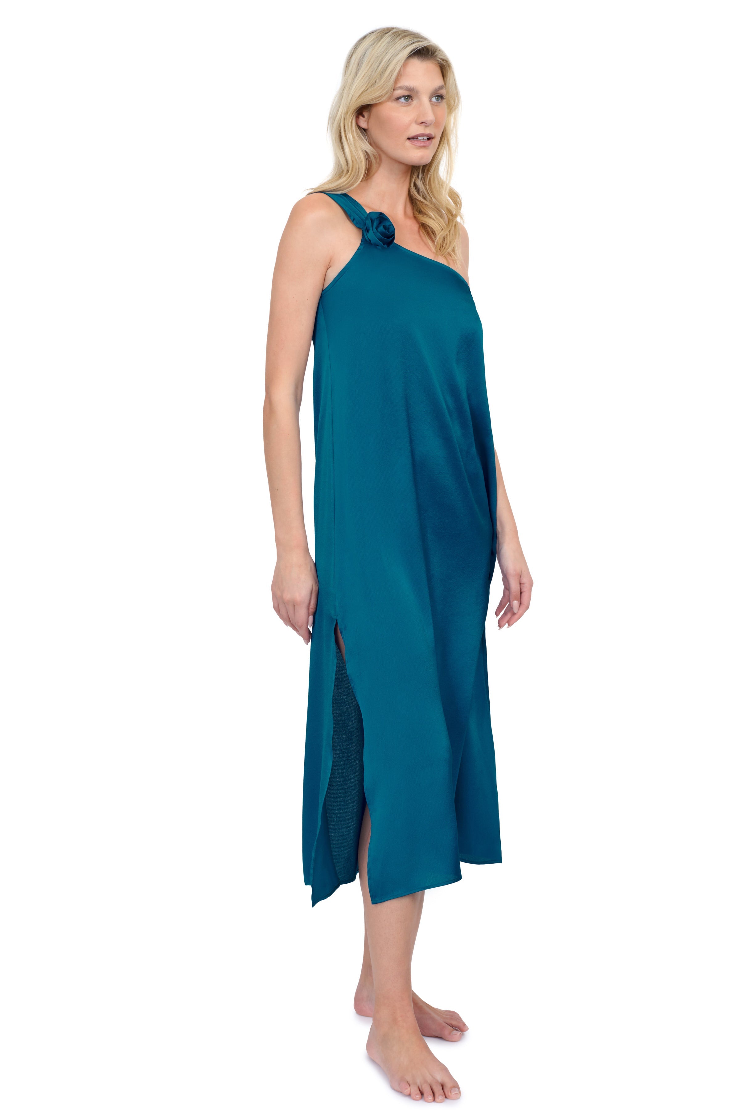 Rose Bud One Shoulder Sarong Dress Cover Up - Teal