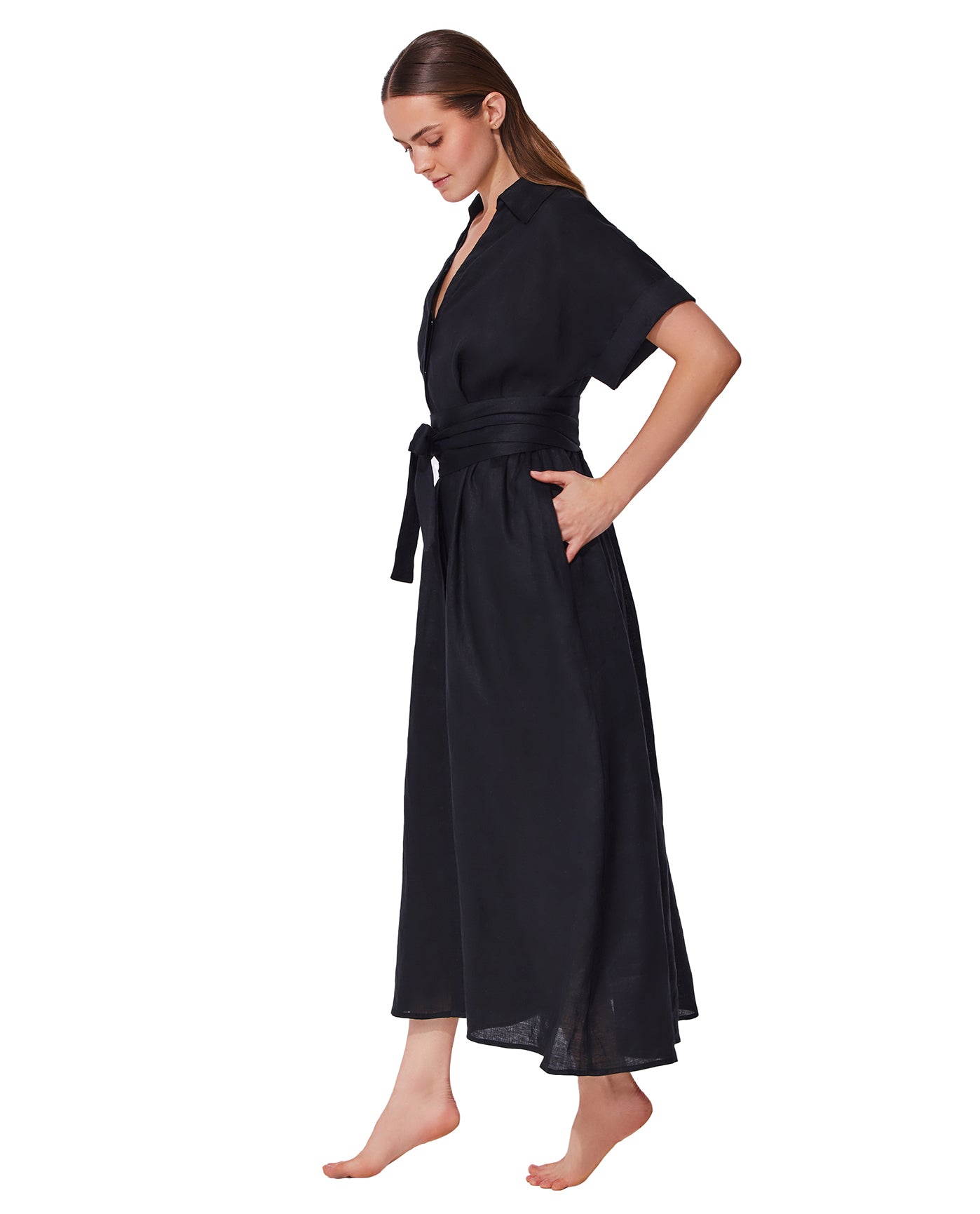 Hokkaido Linen Shirt Dress Cover-Up -Black