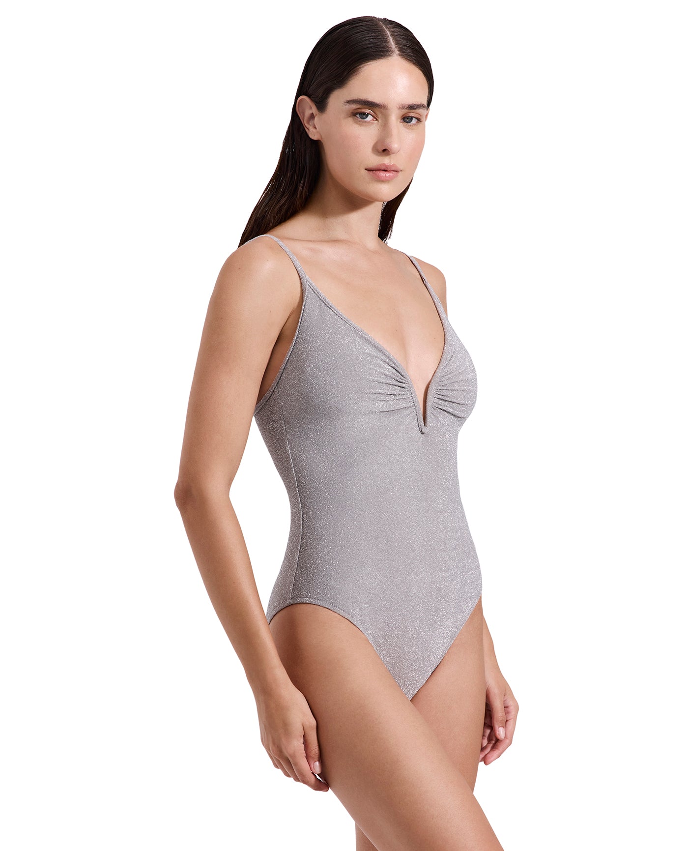 Luna Shimmer Deep Plunge V Wire One Piece-Brown