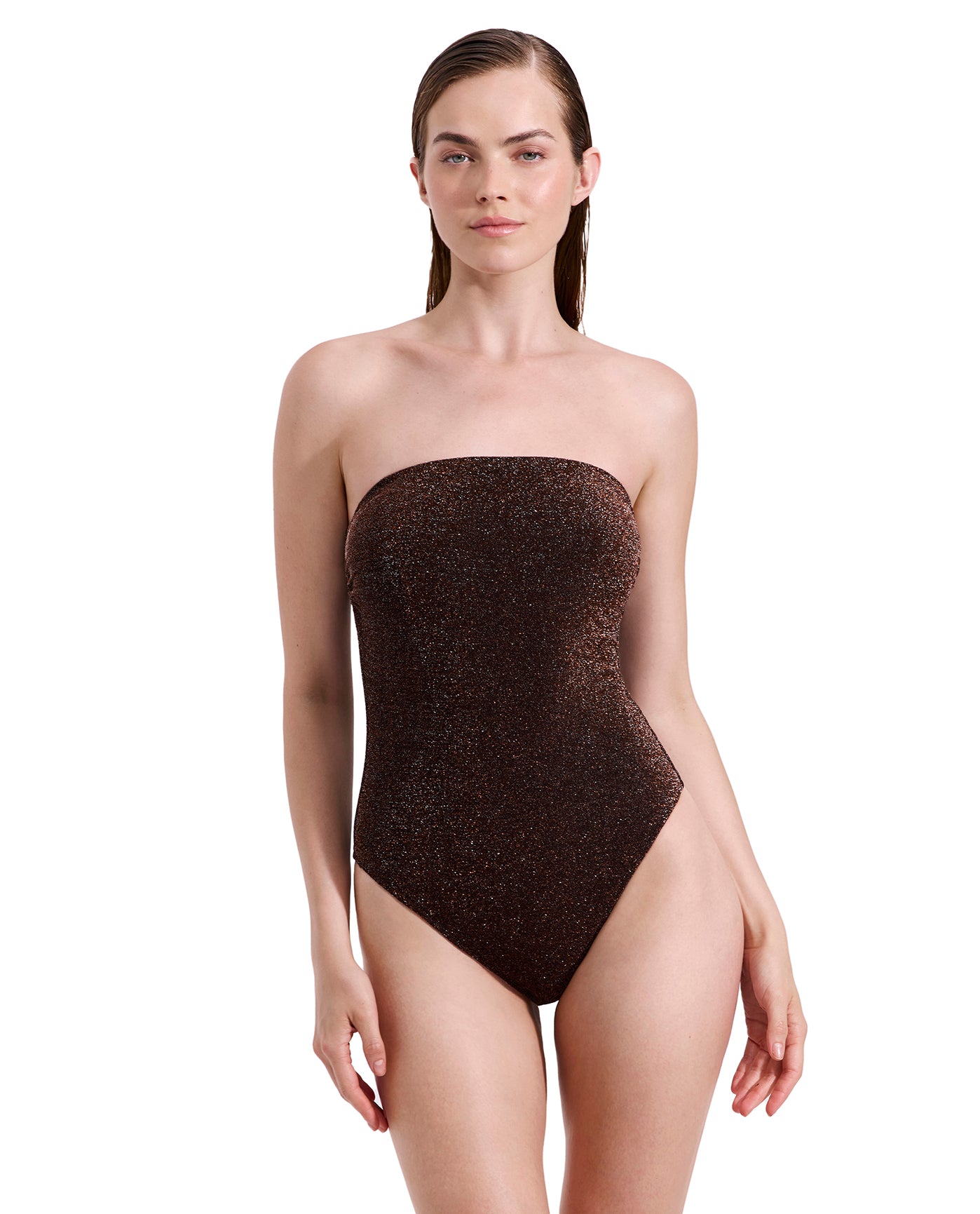 Luna Textured Shimmer Bandeau One Piece-Brown Gottex Luma