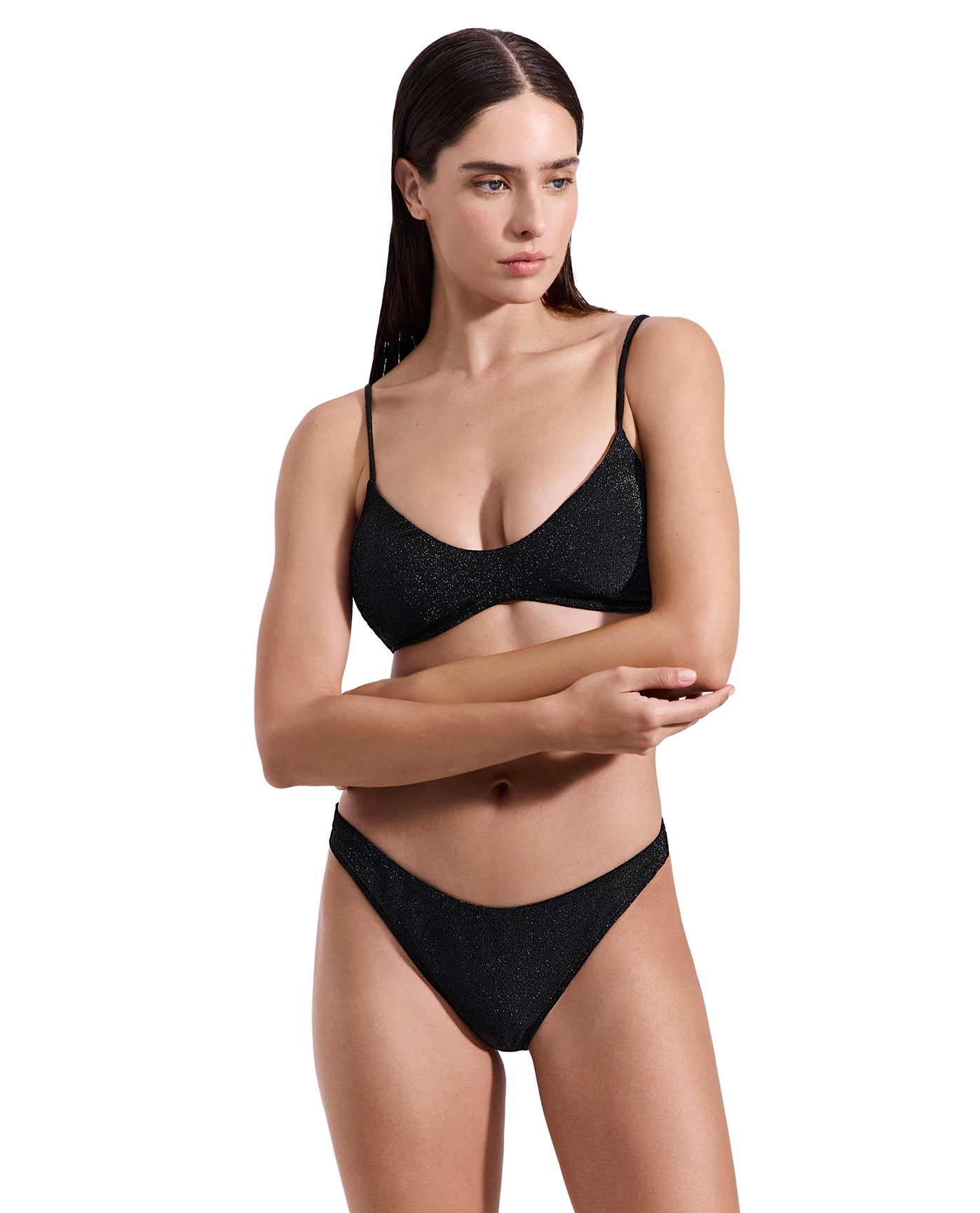Luna Shimmer Scoop Neck Bikini Top-Black