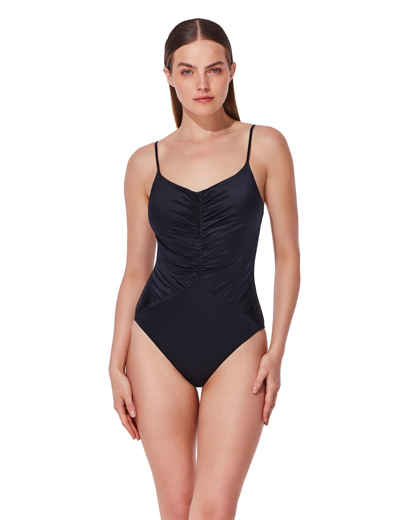 Front View Of Mademoiselle V Neck Ruched One Piece | mademoiselle-black