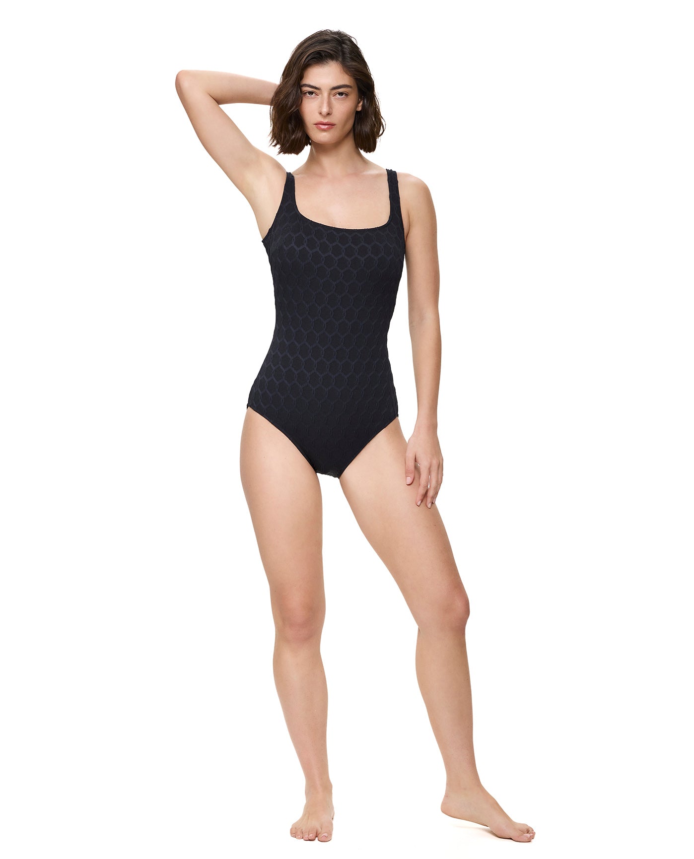 Chained Reaction Textured Square Neck One Piece -Black