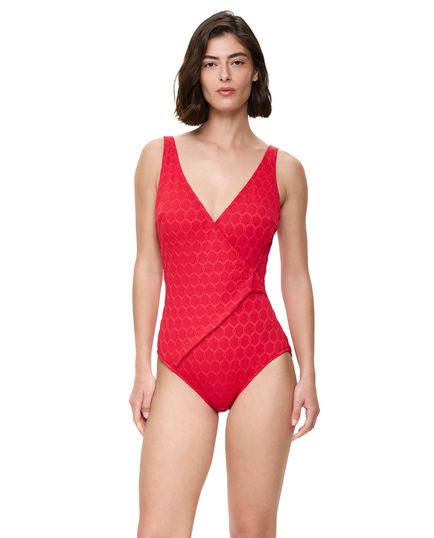 GottexChained Reaction Textured Surplice One Piece-RedOne Pieces