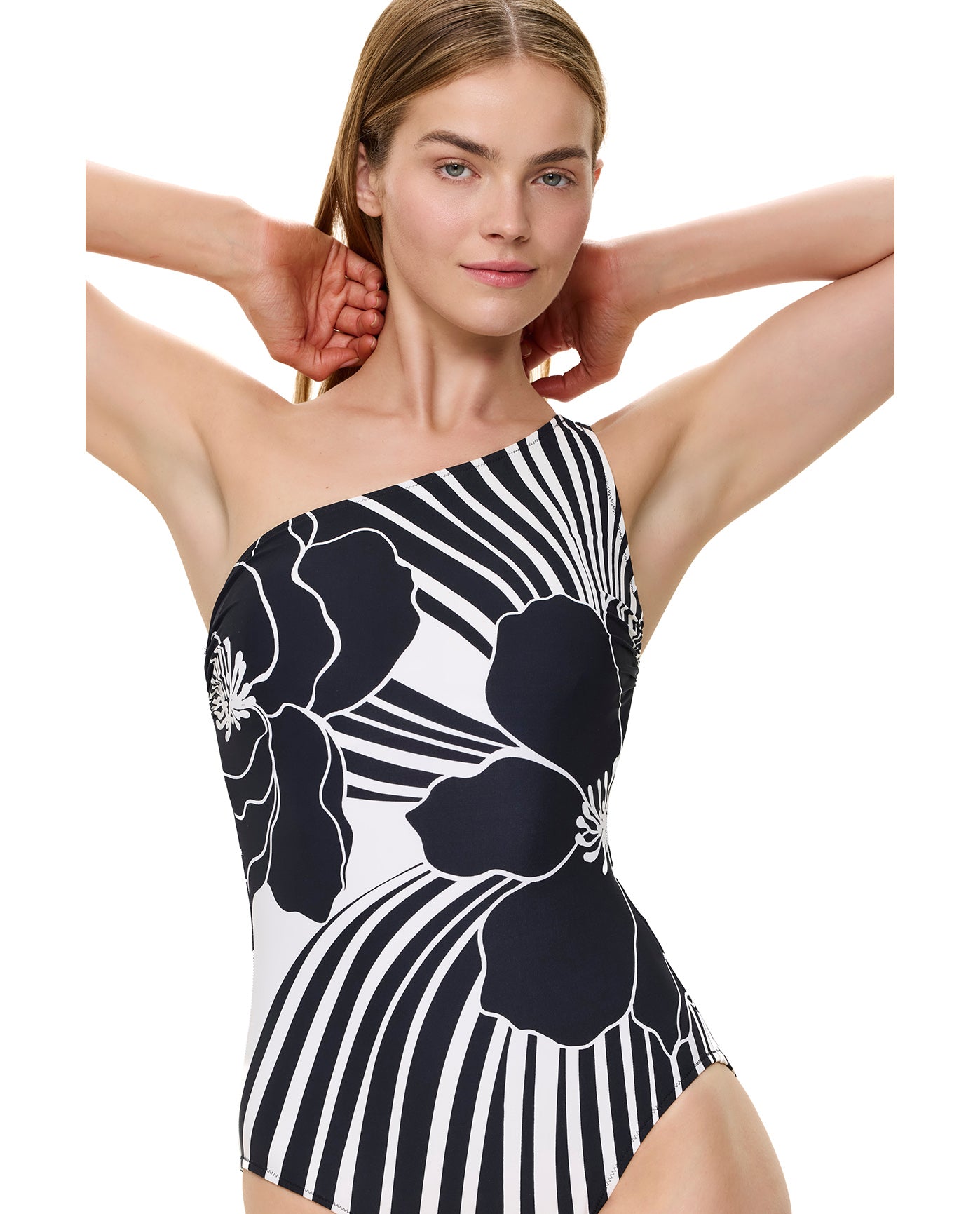 Midnight Bloom One Shoulder One Piece-Black-Cream