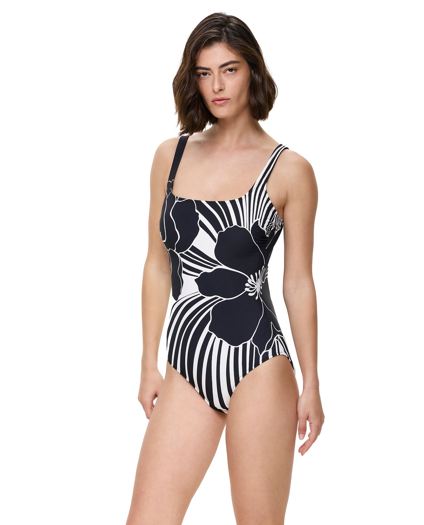 Midnight Bloom Square Neck One Piece-Black-Cream