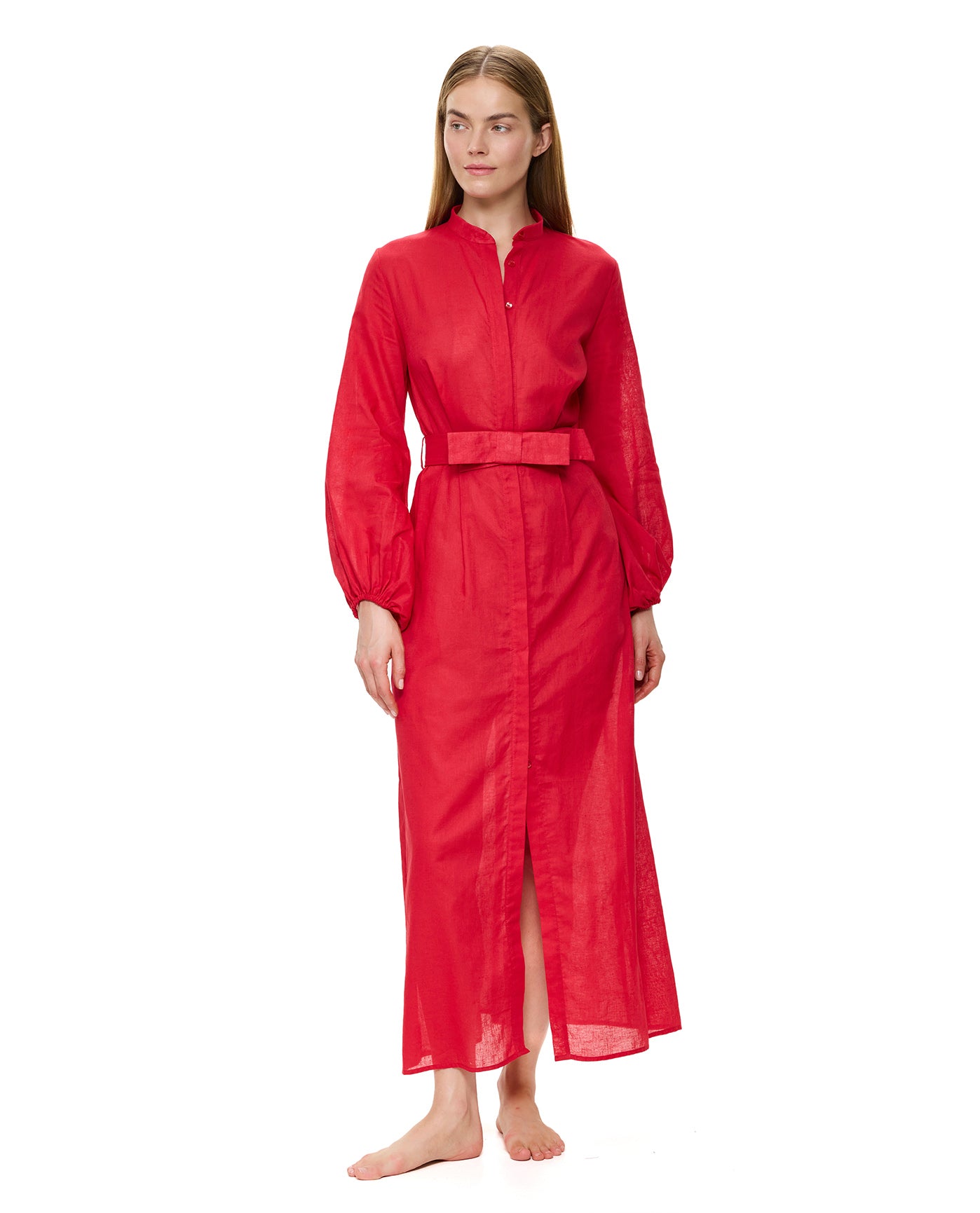 Modern Muse Belted Button Up Linen Dress Cover-Up -Red
