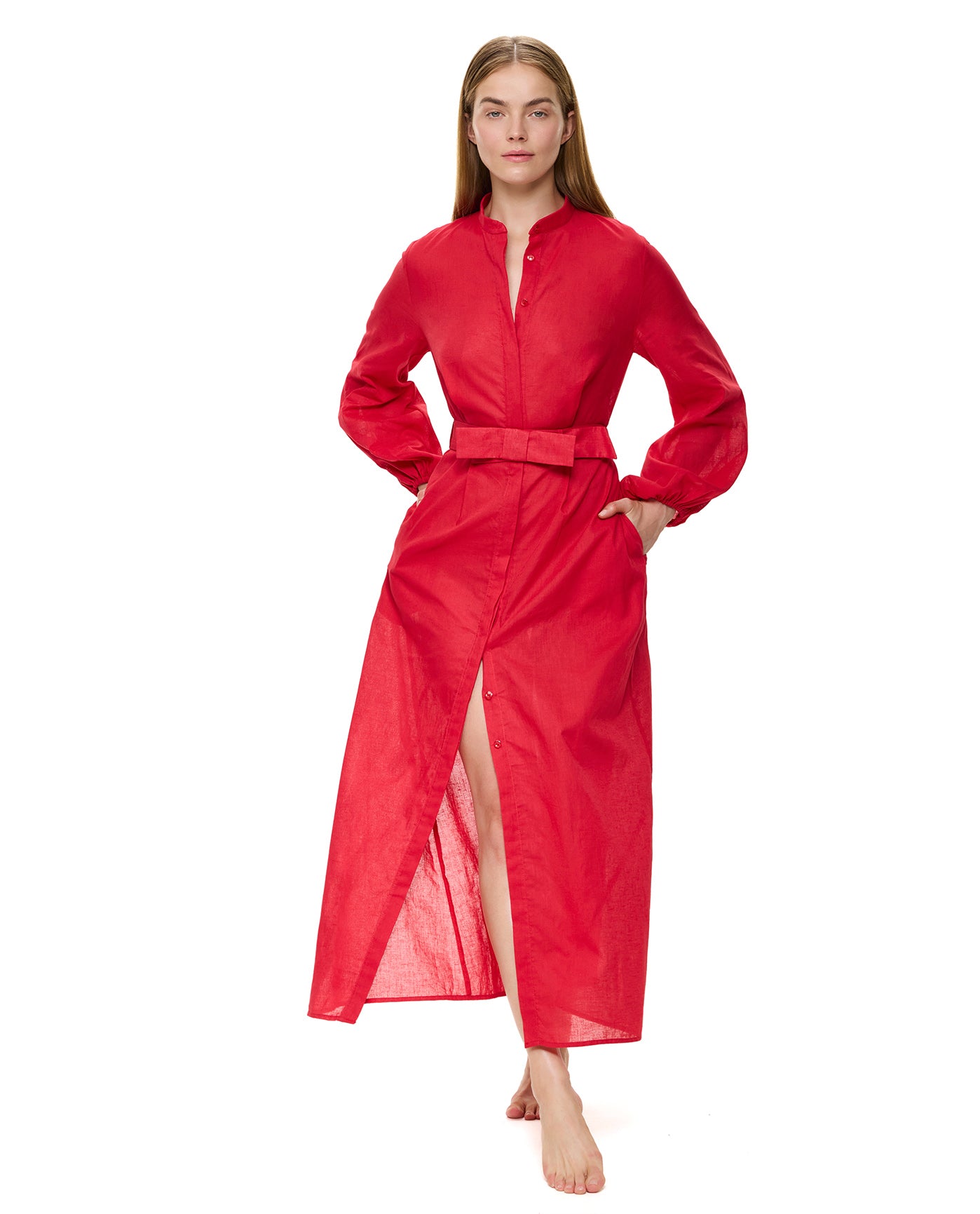 Modern Muse Belted Button Up Linen Dress Cover-Up -Red