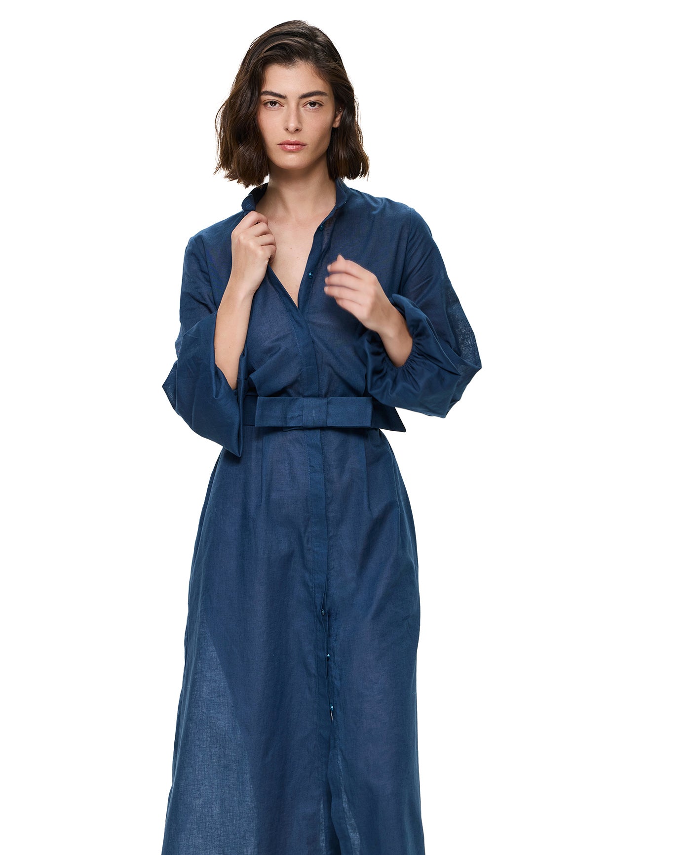 Modern Muse Belted Button Up Linen Dress Cover-Up -Dark azure