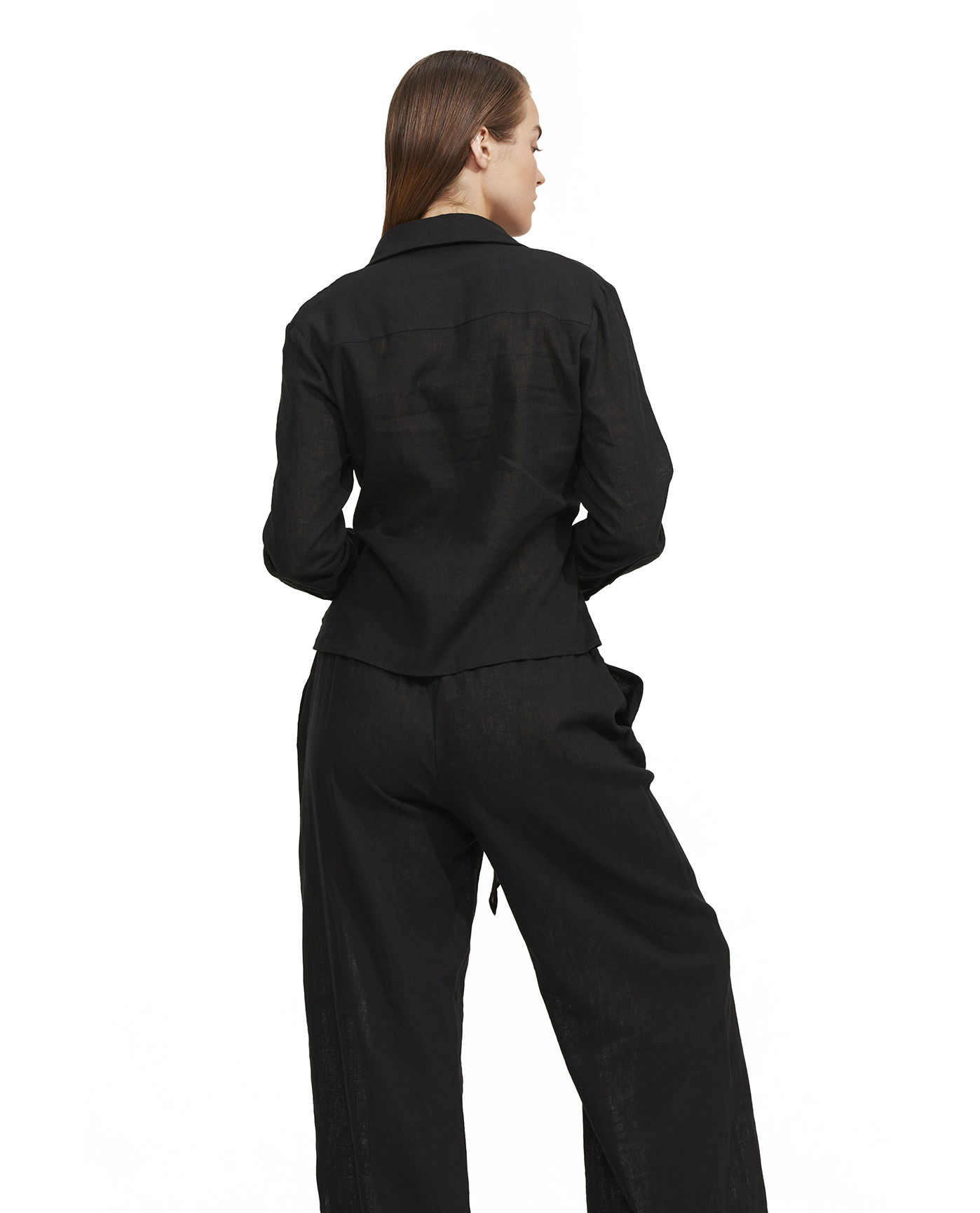 High Low Collared Front Tie Blouse Cover Up -Black