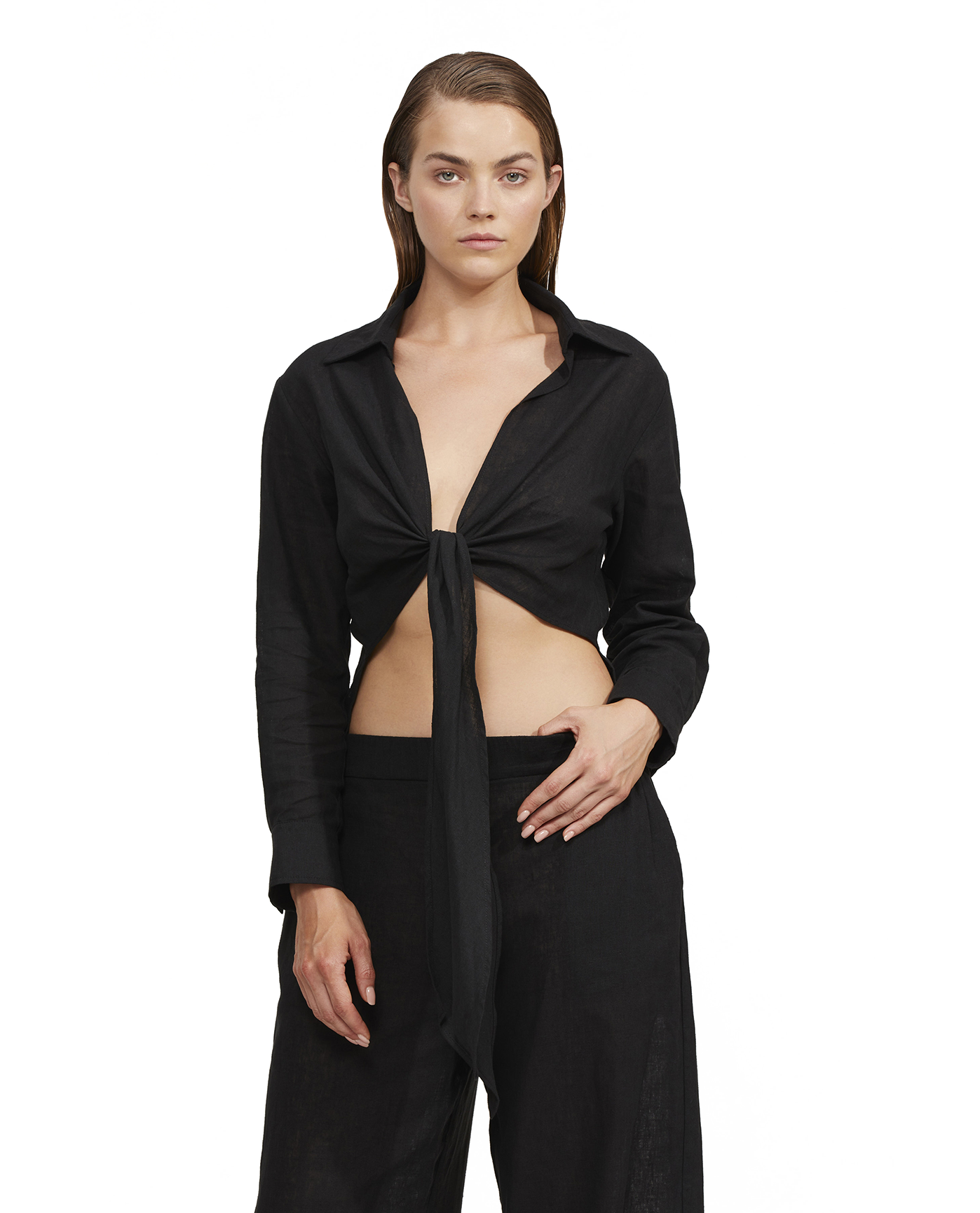 High Low Collared Front Tie Blouse Cover Up -Black