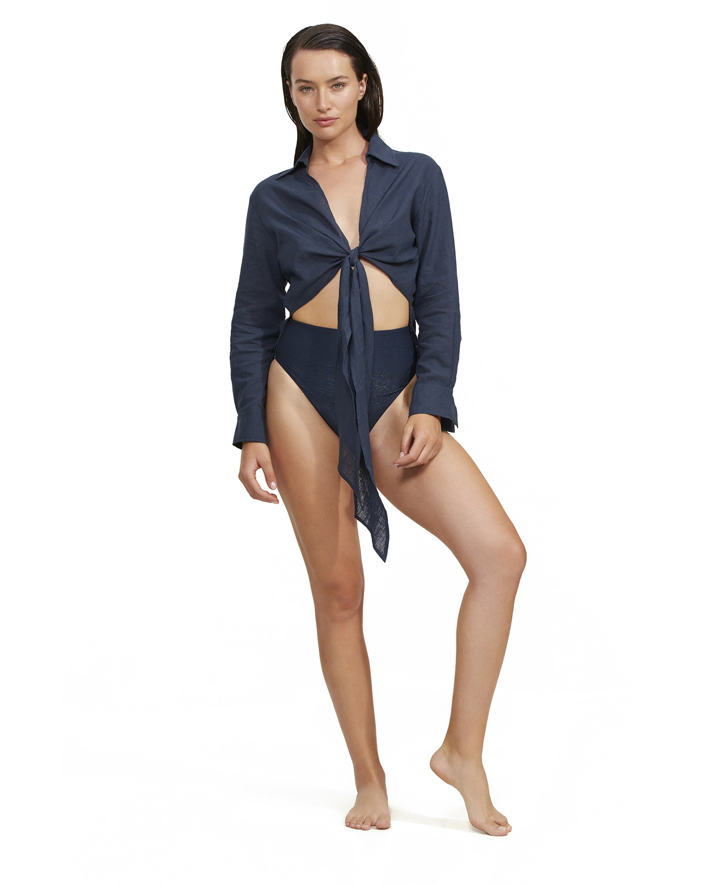 High Low Collared Front Tie Blouse Cover Up -Midnight b