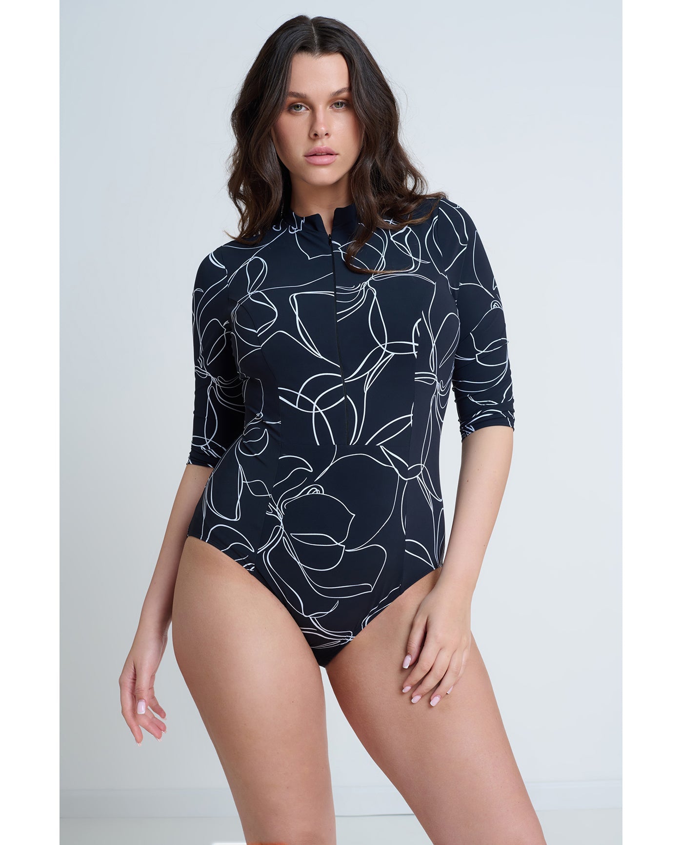 Modest 3/4 Sleeve One Piece Rashguard - black/white
