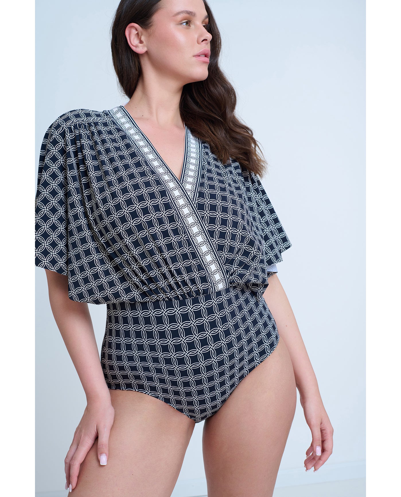 Modest Sleeved Surplice Blouson One Piece | Gottex-Golden-Chic-Black-Cream