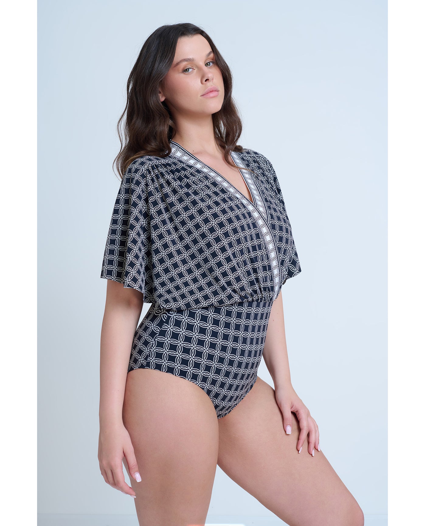Modest Sleeved Surplice Blouson One Piece | Gottex-Golden-Chic-Black-Cream