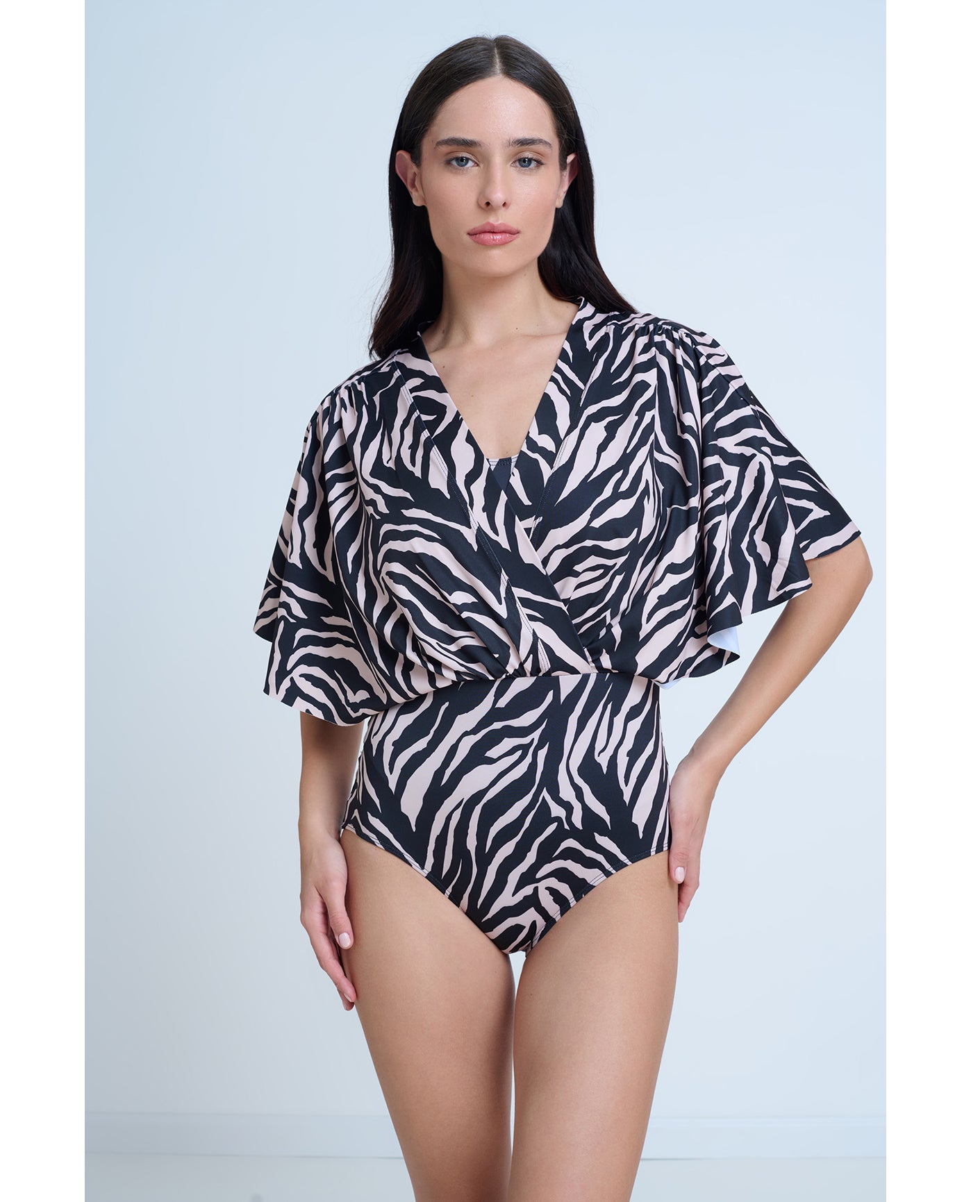 Modest Sleeved Surplice Blouson One Piece | Modest-Black-Brown