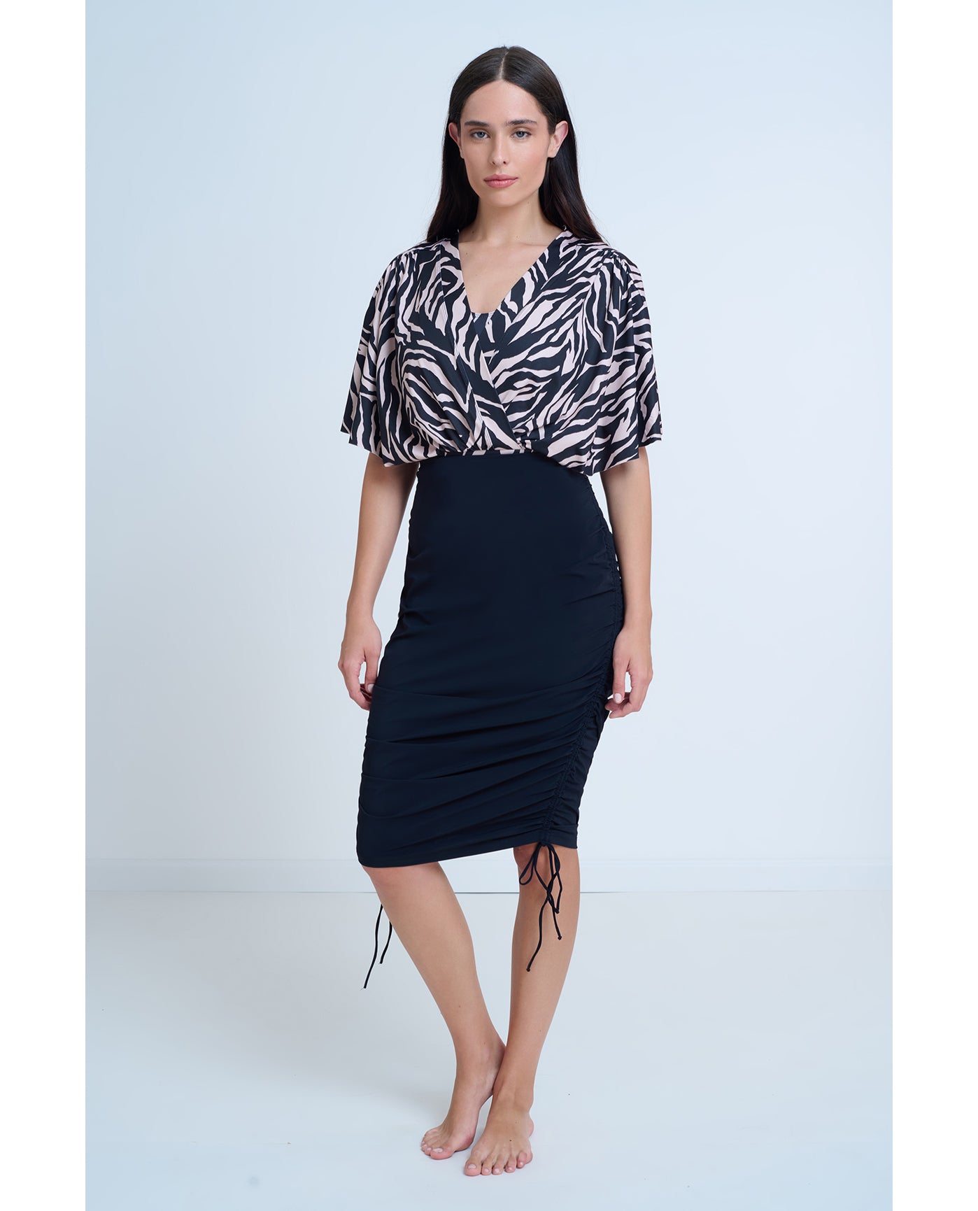 Modest Sleeved Surplice Blouson One Piece | Modest-Black-Brown