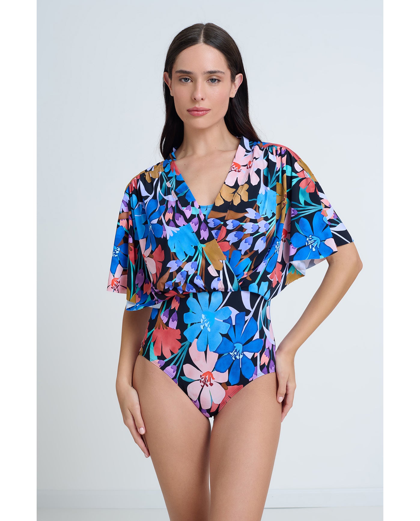 Modest Sleeved Surplice Blouson One Piece | Profile-Melody-Multi-Black