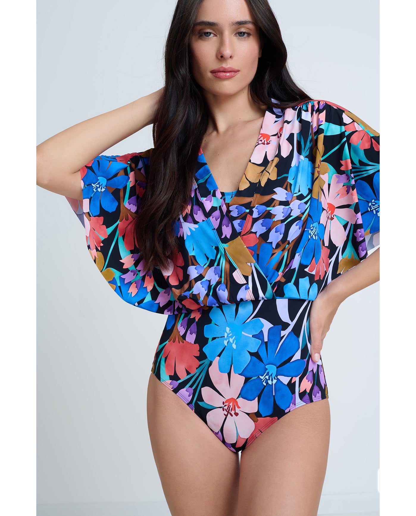 Modest Sleeved Surplice Blouson One Piece | Profile-Melody-Multi-Black