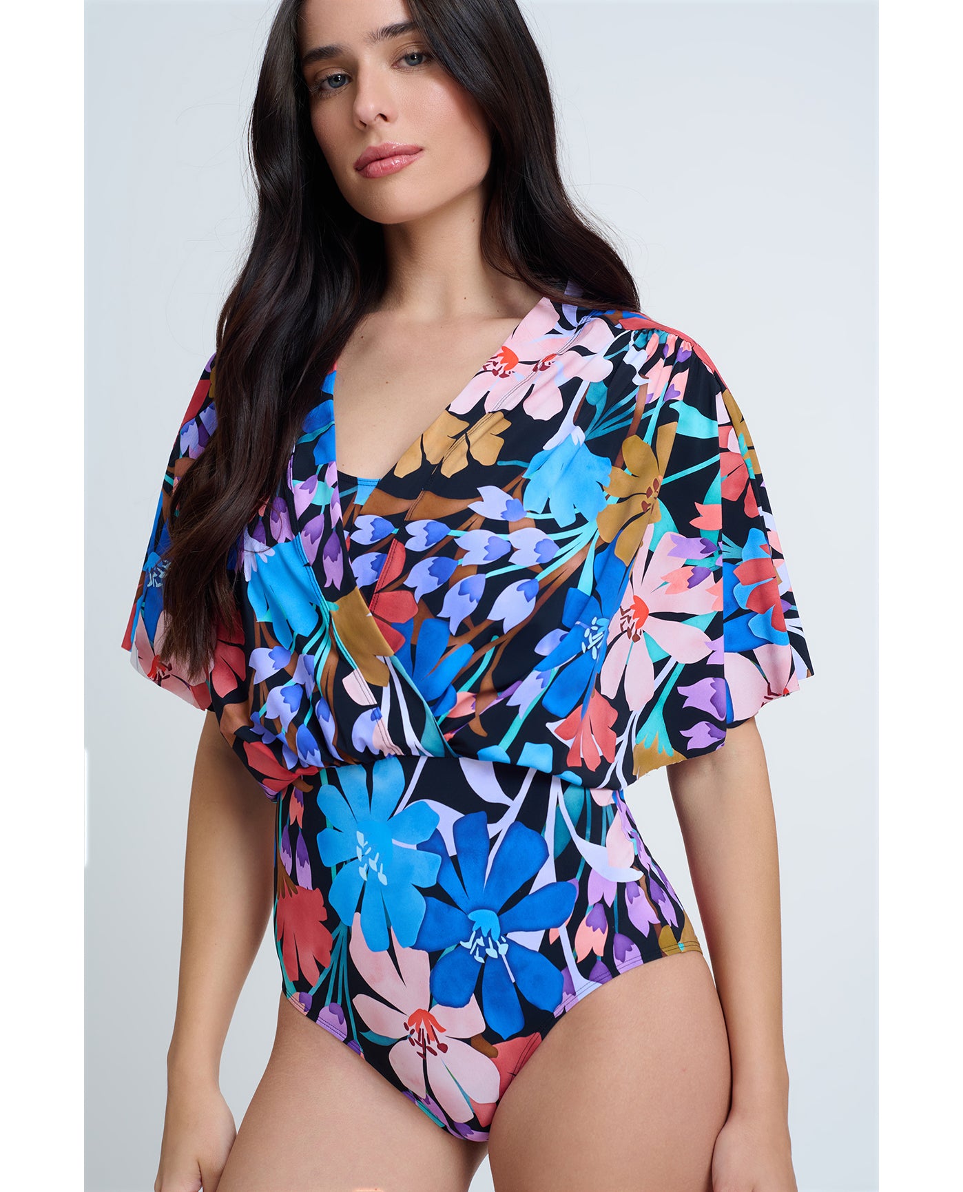 Modest Sleeved Surplice Blouson One Piece | Profile-Melody-Multi-Black