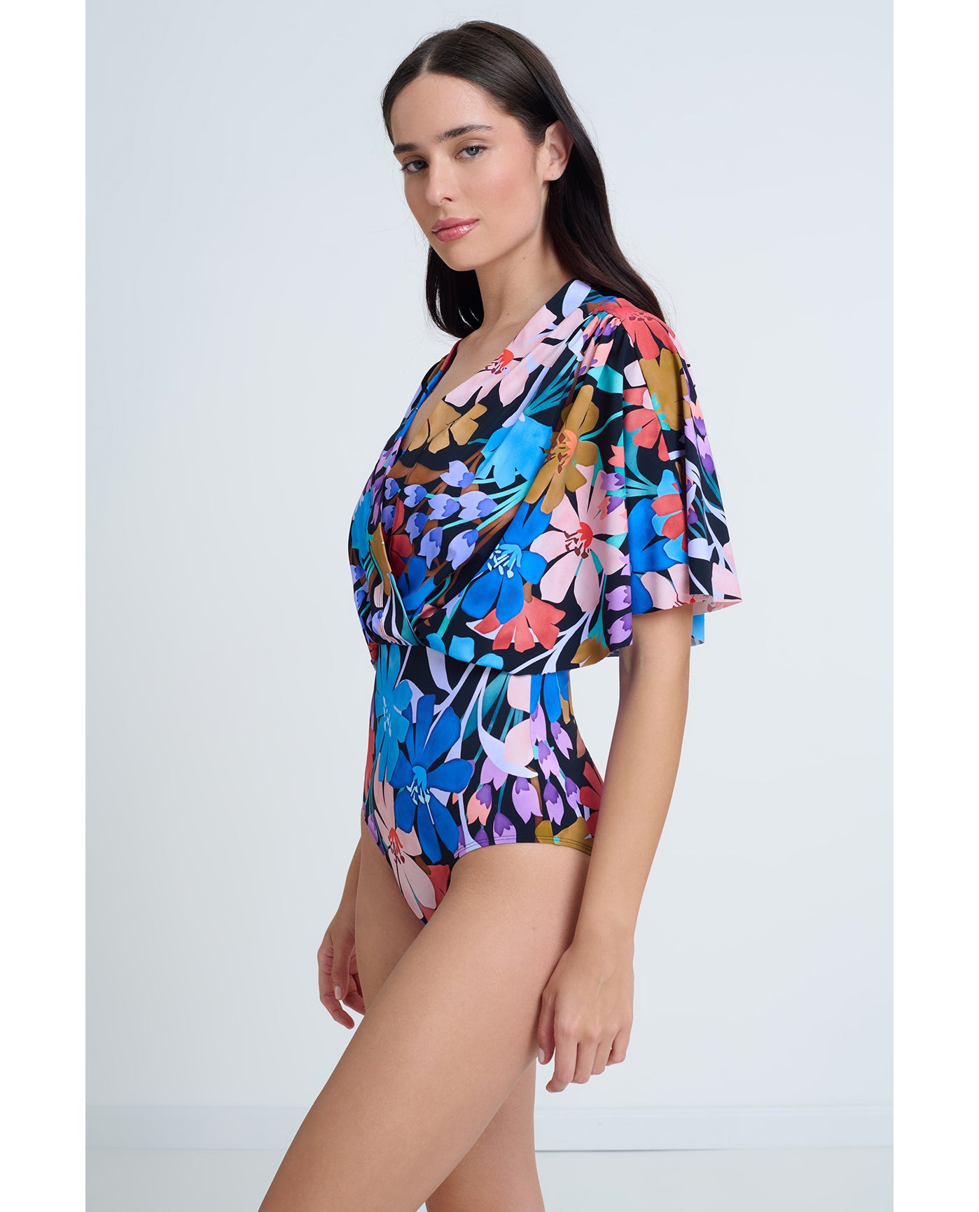 Modest Sleeved Surplice Blouson One Piece | Profile-Melody-Multi-Black