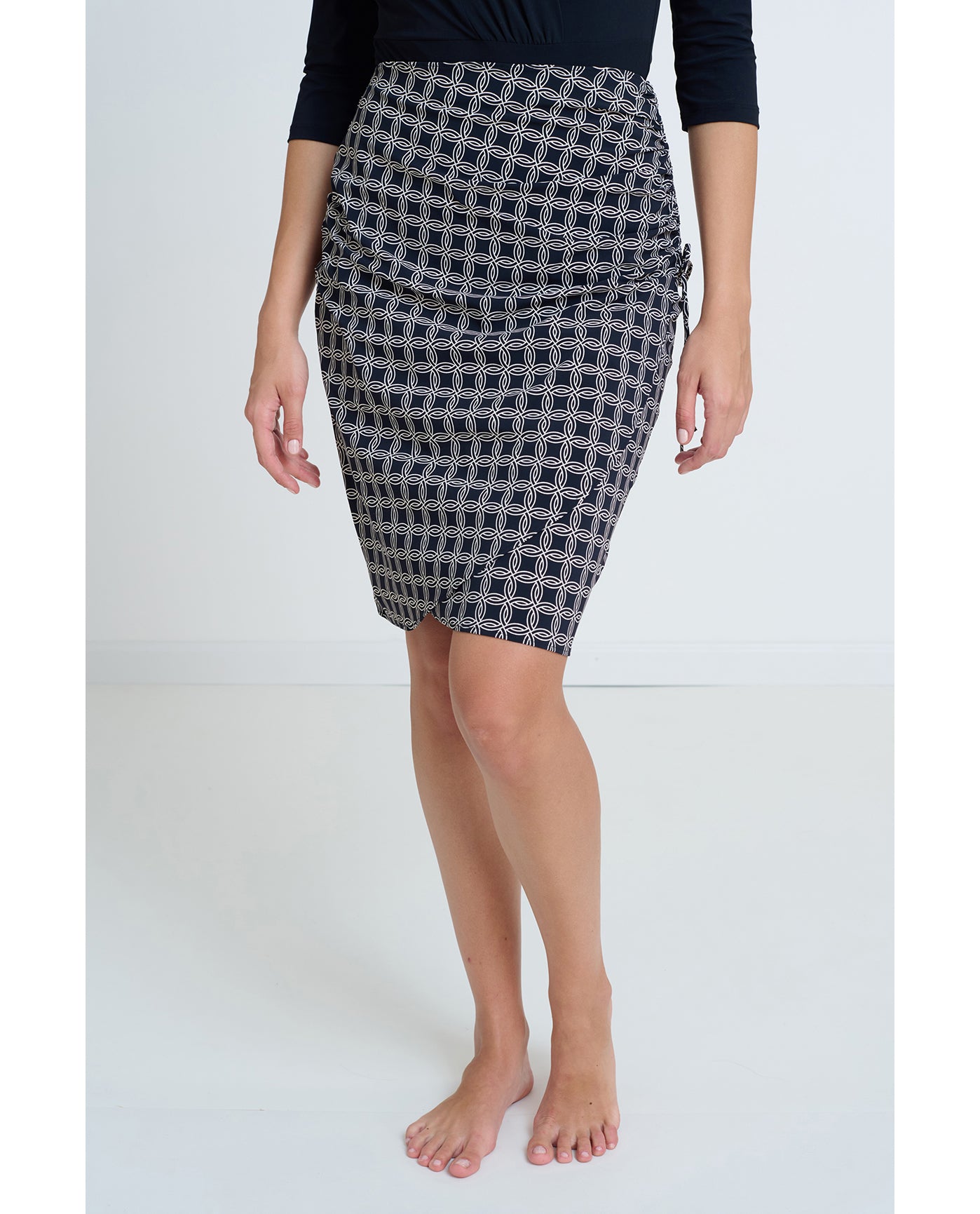 Modest Surplice Skirt with Side Shirring | Gottex-Golden-Chic-Black-Cream