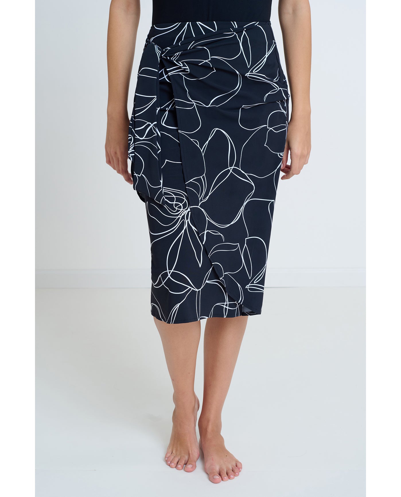 Modest Faux Wrap Skirt with Tie-Blk/wh