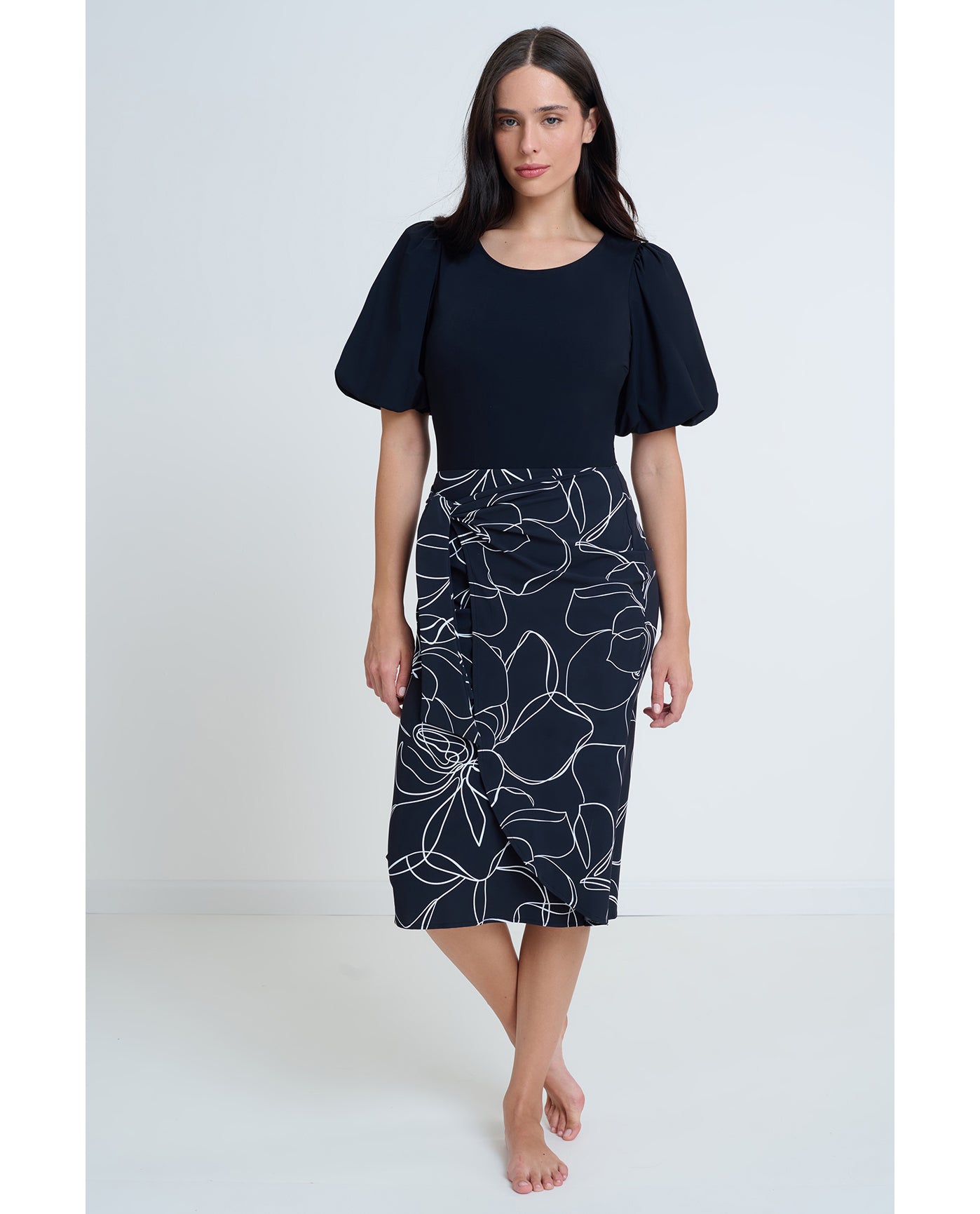 Modest Faux Wrap Skirt with Tie-Blk/wh