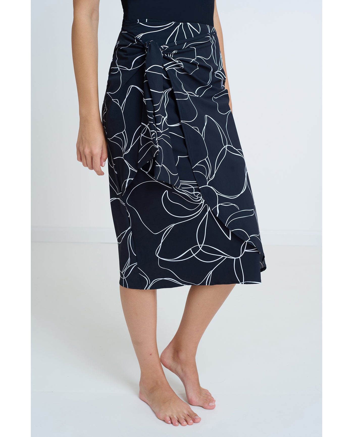 Modest Faux Wrap Skirt with Tie-Blk/wh