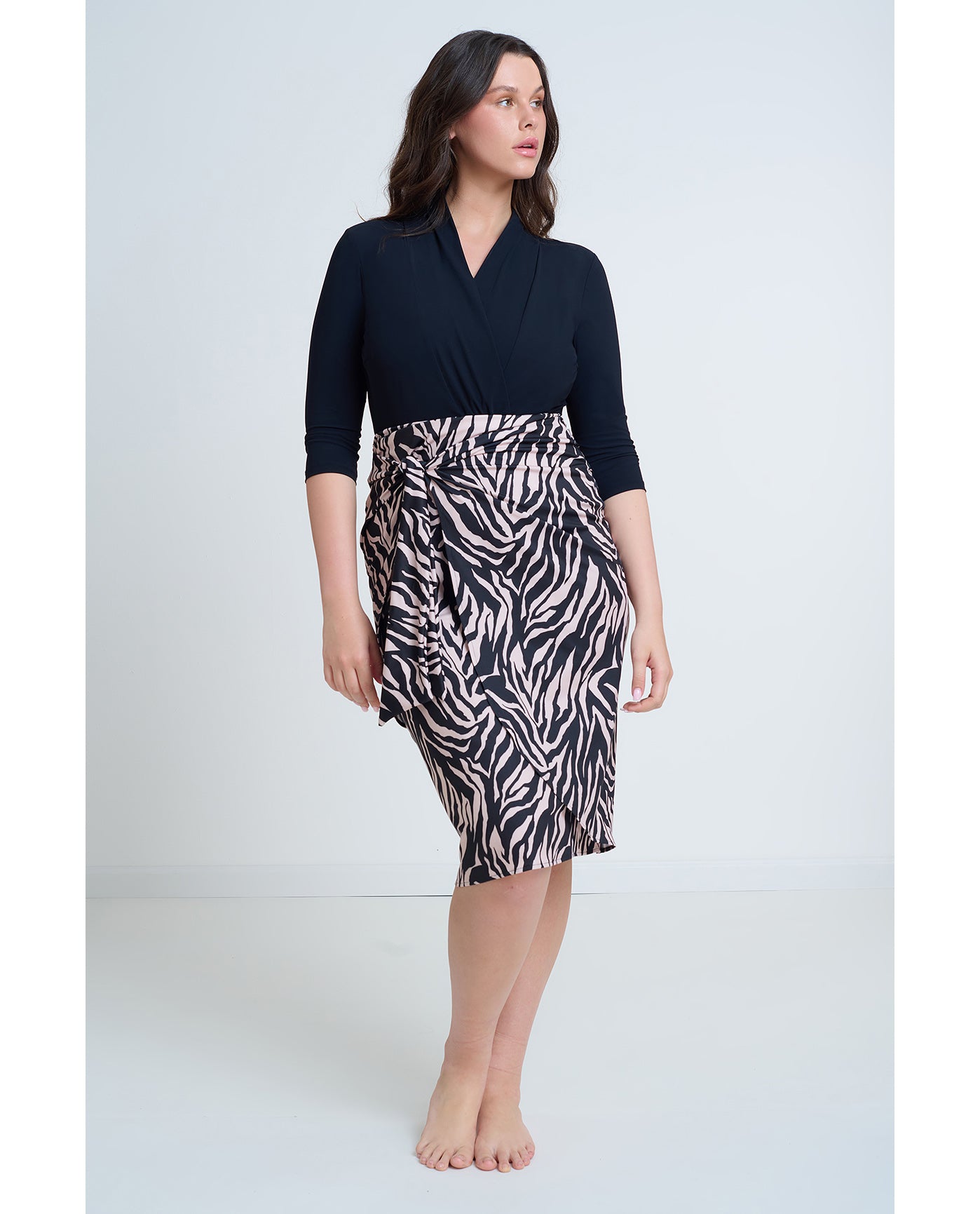 Modest Faux Wrap Skirt with Tie-Blk/brwn