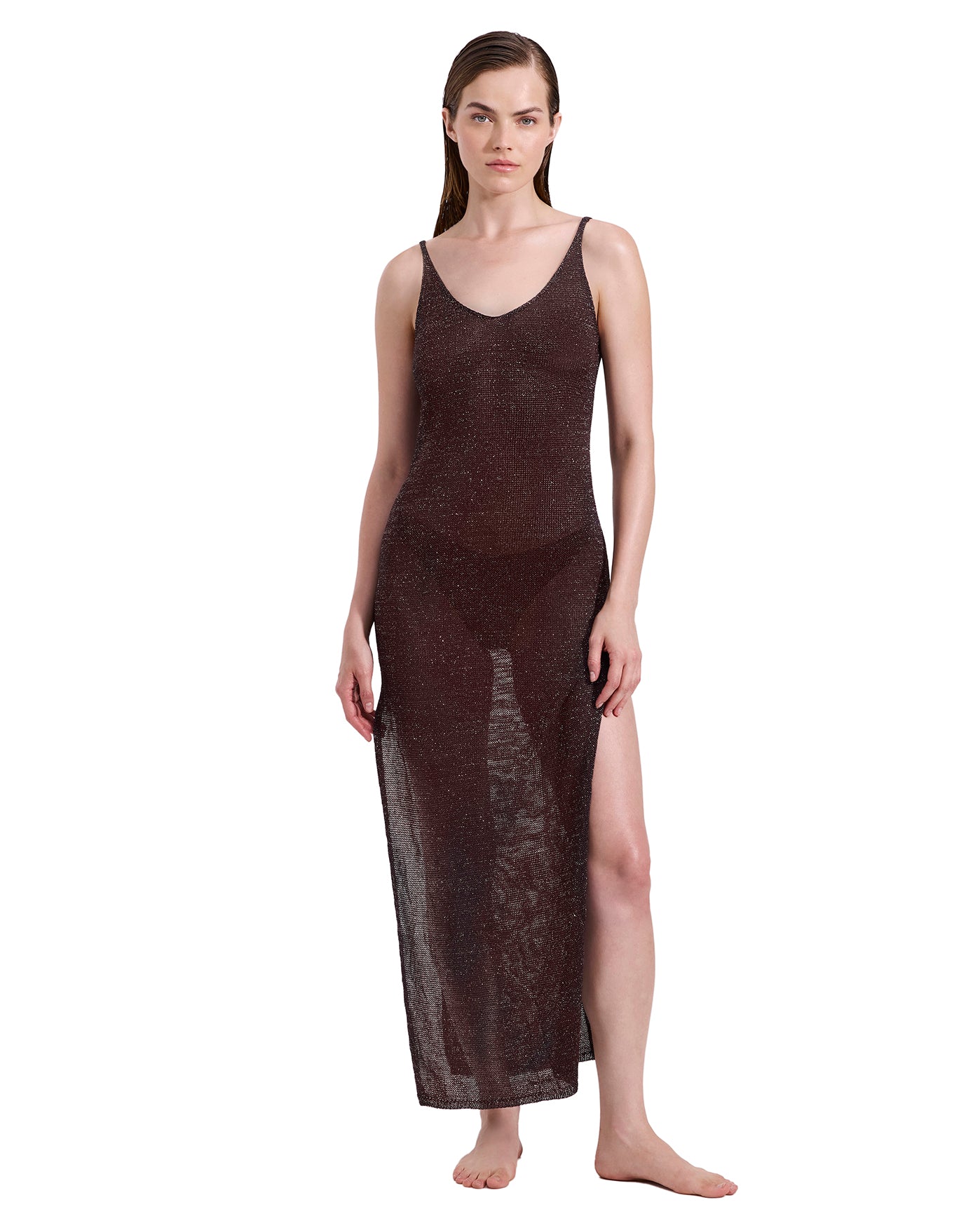 Solar Shimmer Knit Dress Cover-Up-Brown/silv