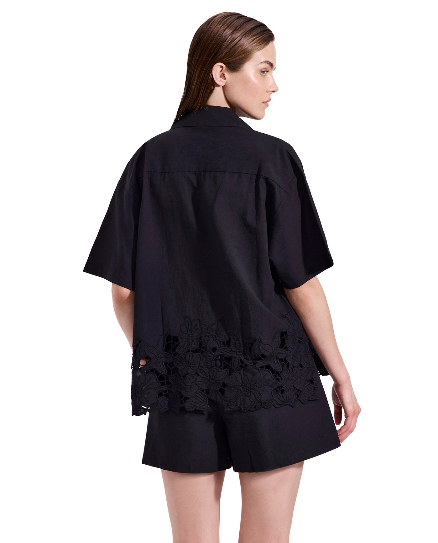 Amalfi Lace Short Sleeve Button Down Shirt Cover-Up-Black