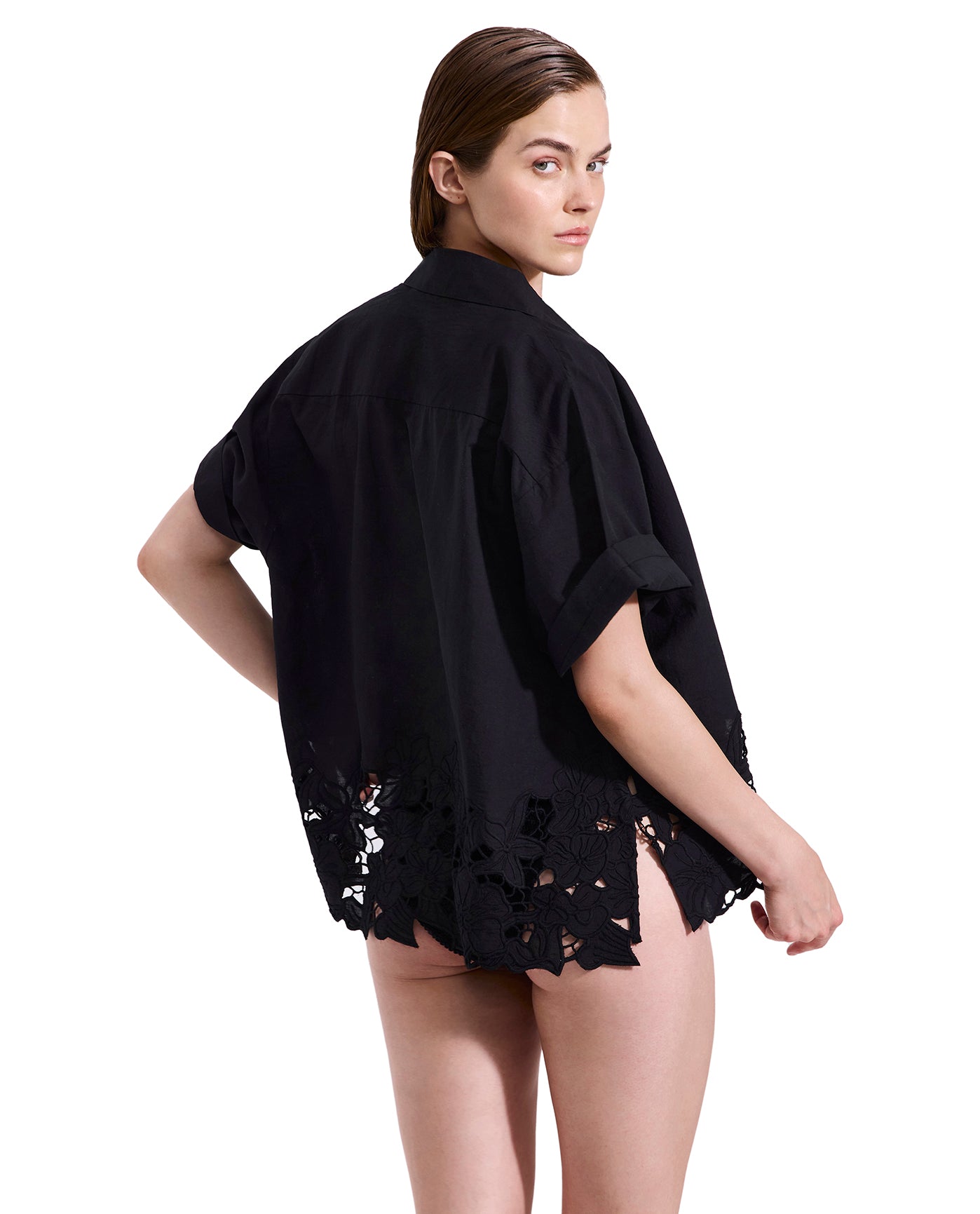 Amalfi Lace Short Sleeve Button Down Shirt Cover-Up-Black
