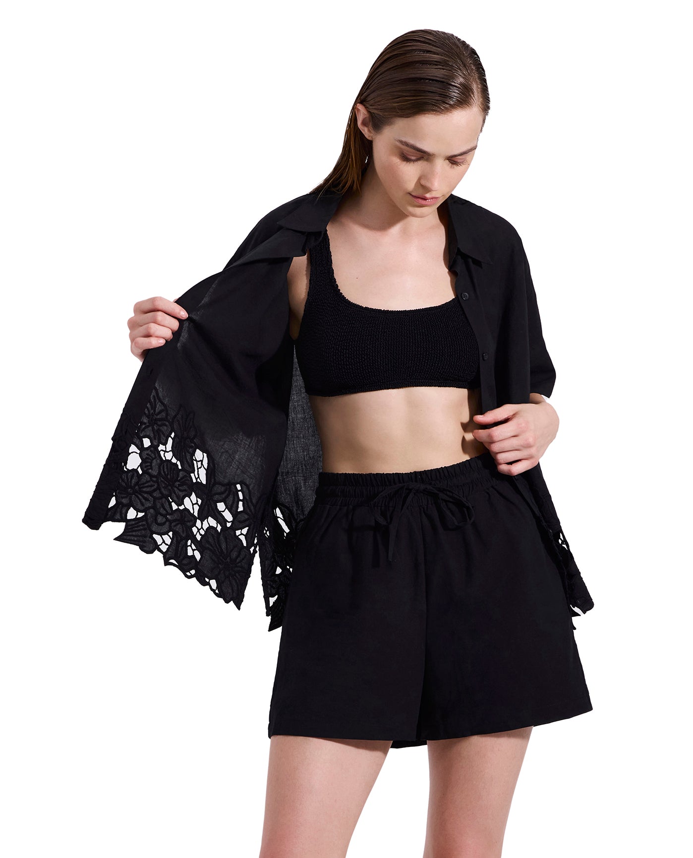 Amalfi Lace Short Sleeve Button Down Shirt Cover-Up-Black