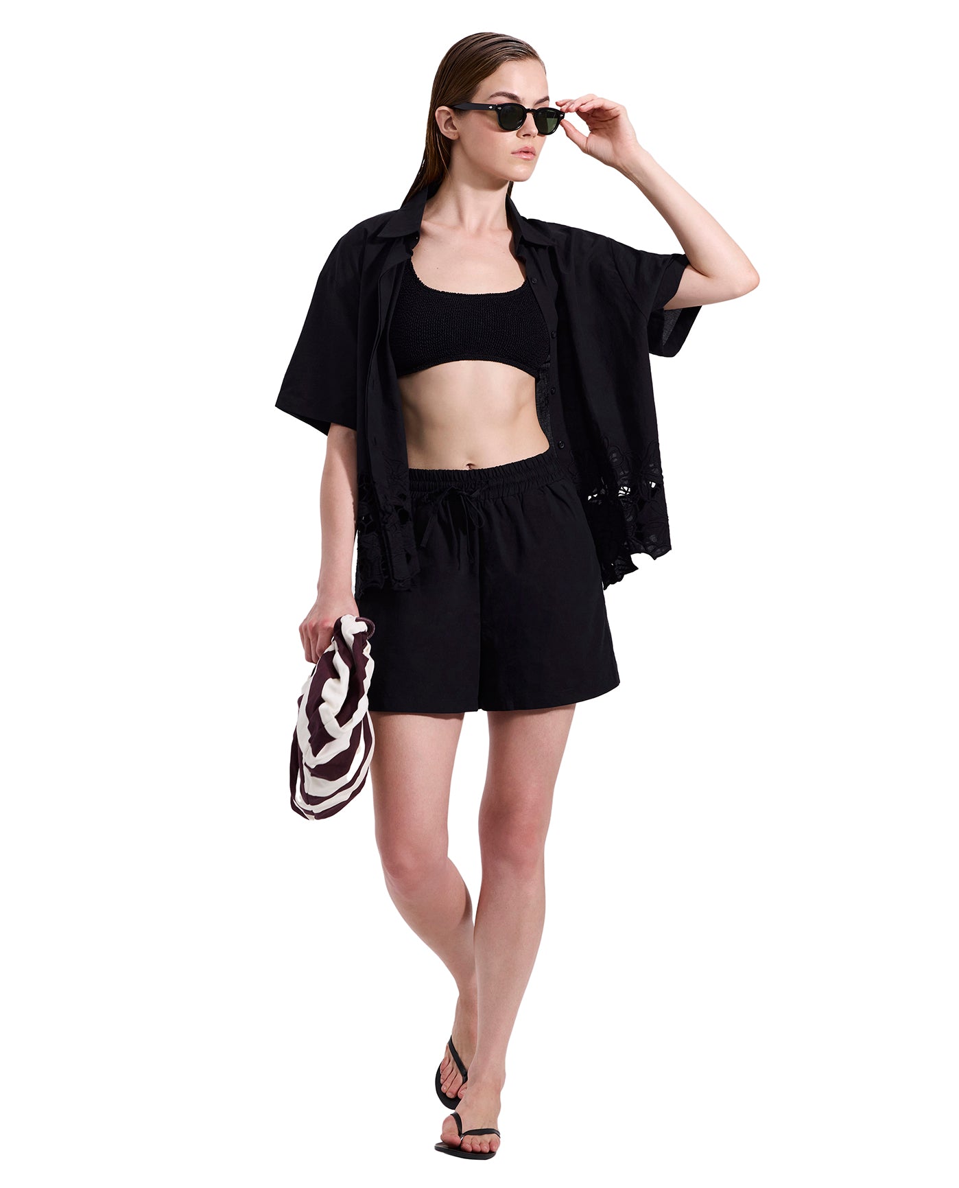 Amalfi Lace Short Sleeve Button Down Shirt Cover-Up-Black