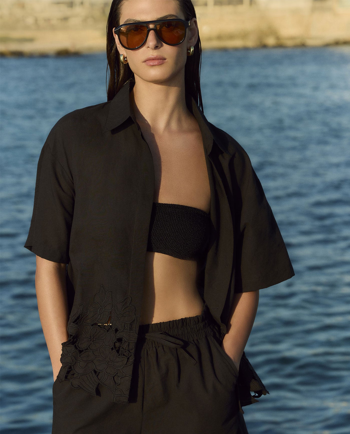 Amalfi Lace Short Sleeve Button Down Shirt Cover-Up-Black