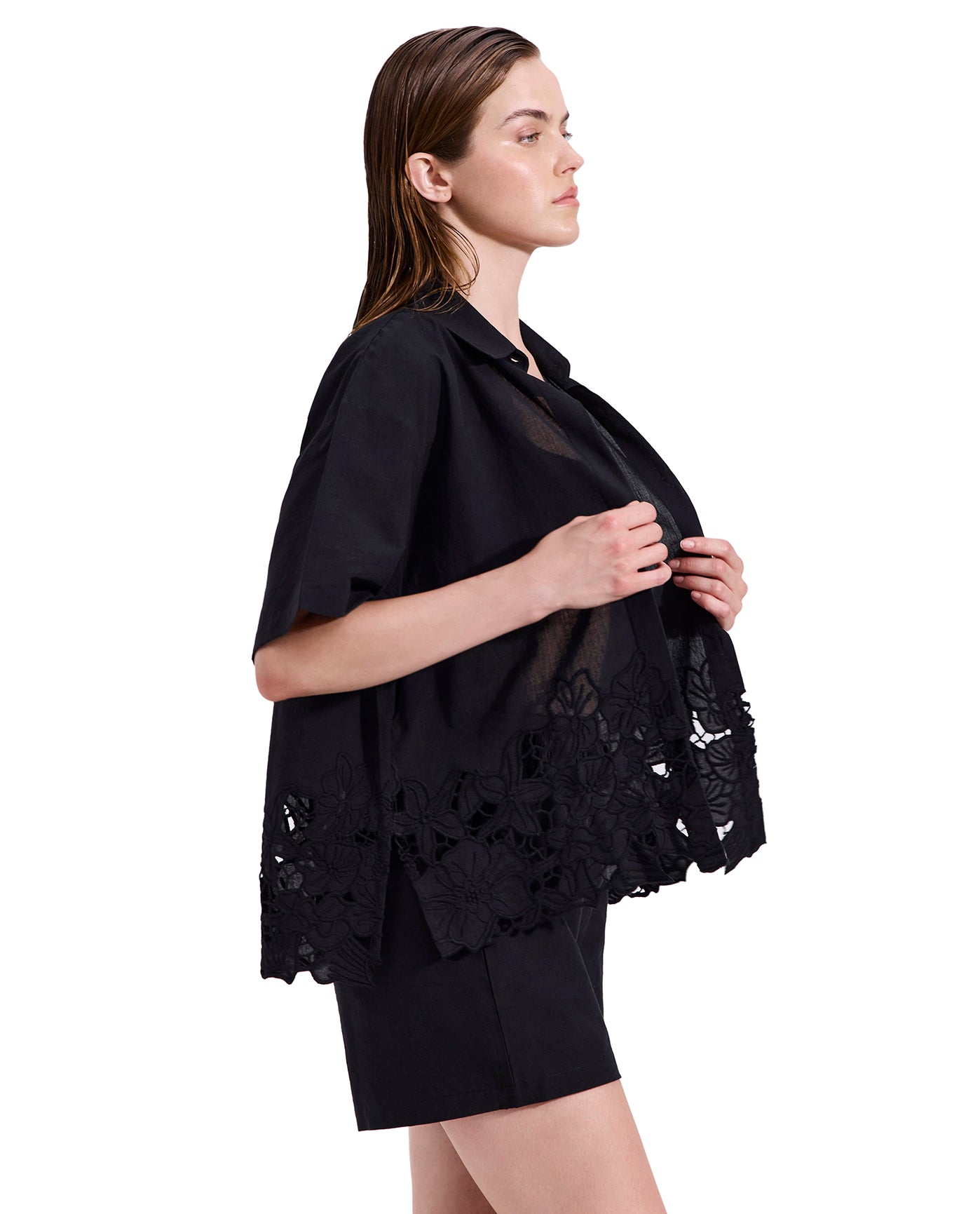 Amalfi Lace Short Sleeve Button Down Shirt Cover-Up-Black