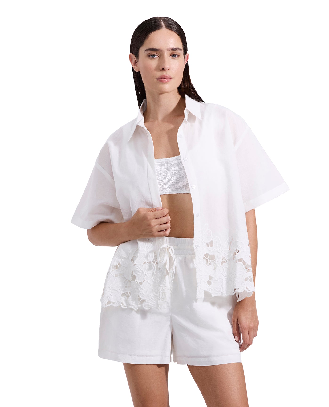 Amalfi Lace Short Sleeve Button Down Shirt Cover-Up-White