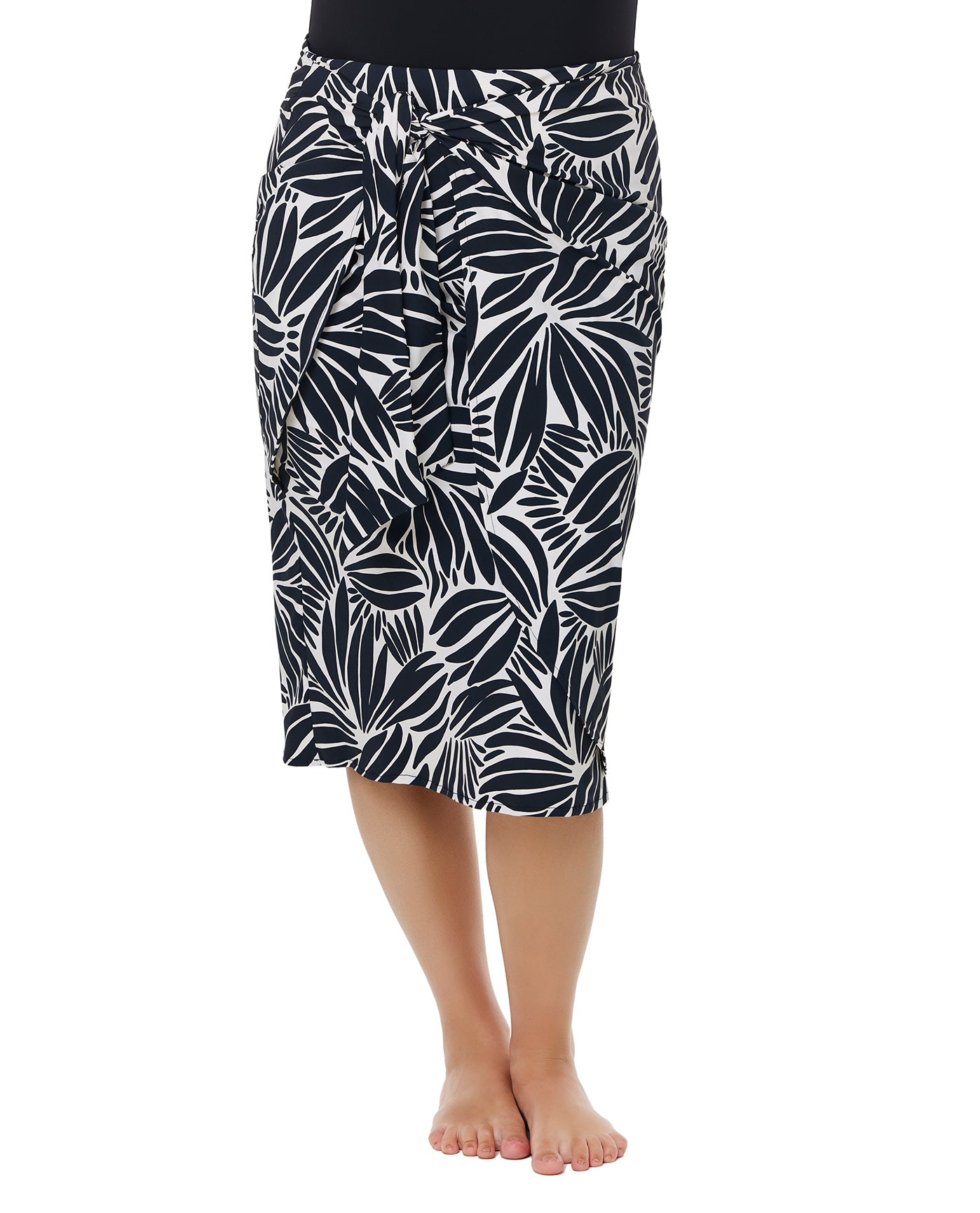 Modest Faux Wrap Skirt with Tie-Blk/wh