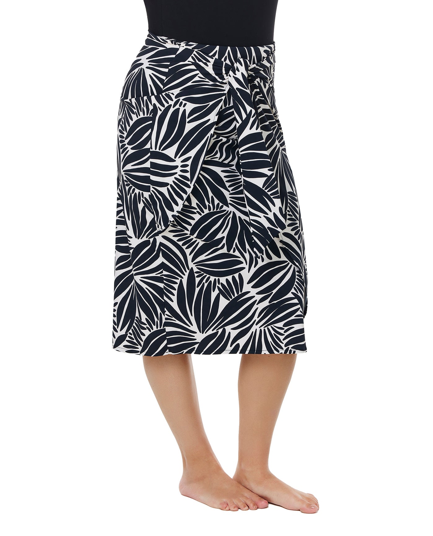 Modest Faux Wrap Skirt with Tie-Blk/wh