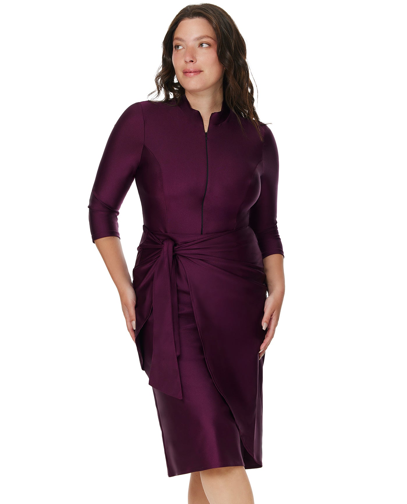 Modest Faux Wrap Skirt with Tie-Burgundy