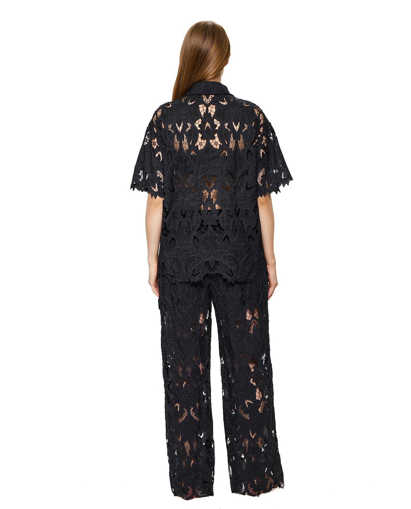 Guipure Lace Short Sleeve Button Down Shirt Cover-Up-Black