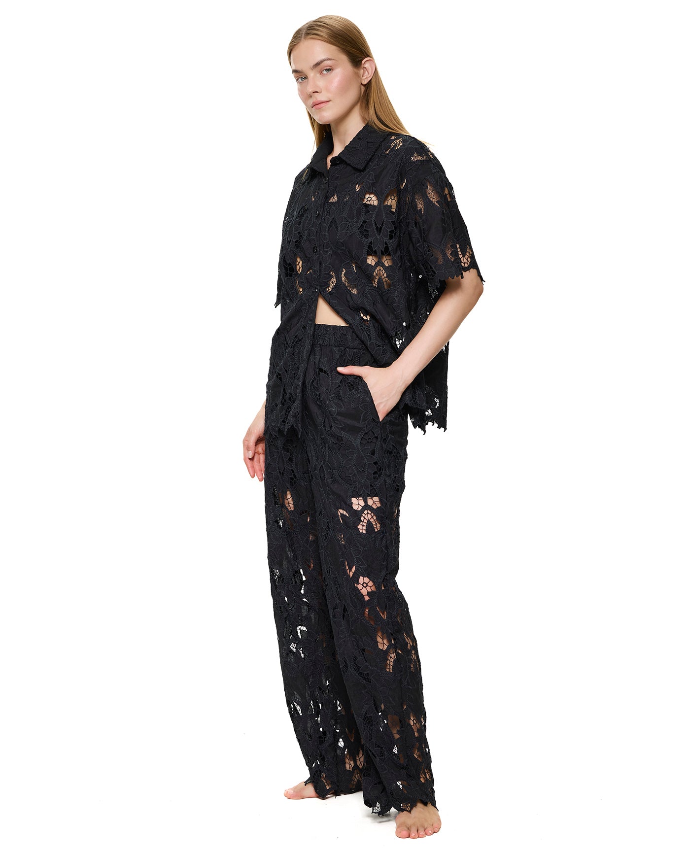 Guipure Lace Short Sleeve Button Down Shirt Cover-Up-Black