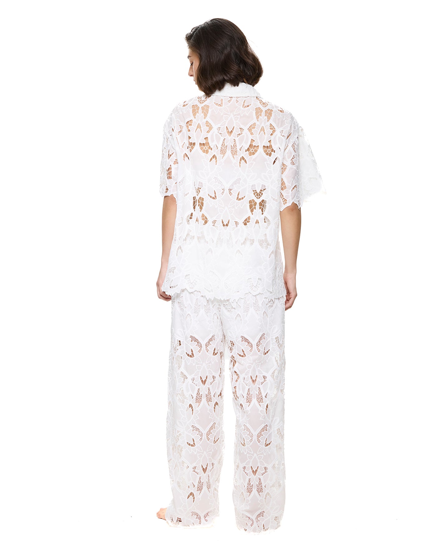 Guipure Lace Short Sleeve Button Down Shirt Cover-Up-White