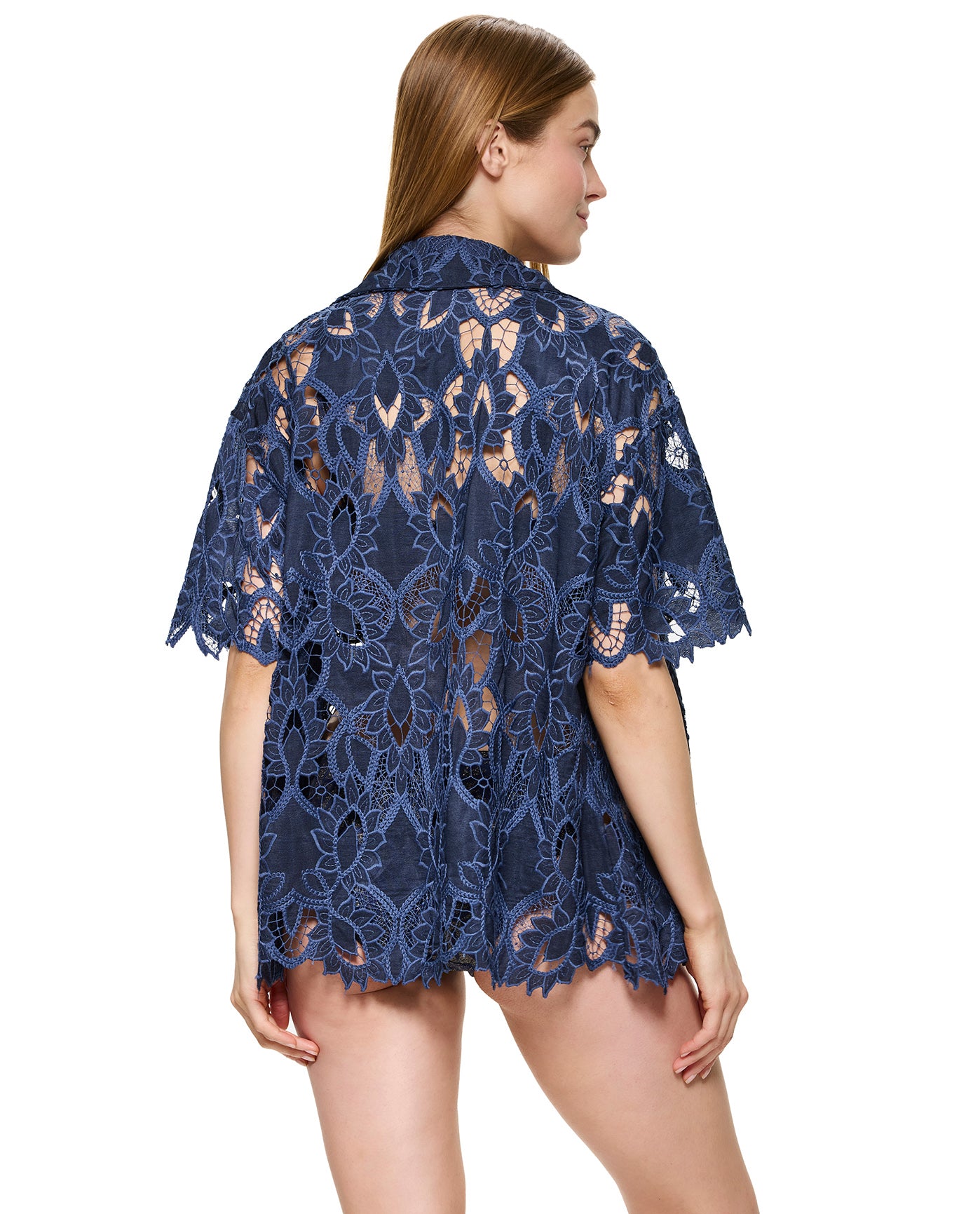 Guipure Lace Short Sleeve Button Down Shirt Cover-Up-Navy